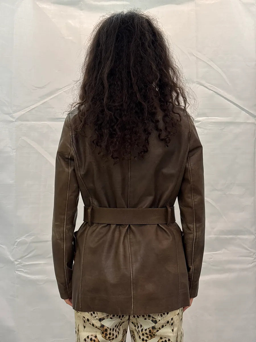 2000s Prada Brown Leather Buttoned Belted D-Ring Coat AMKbPWXU 2