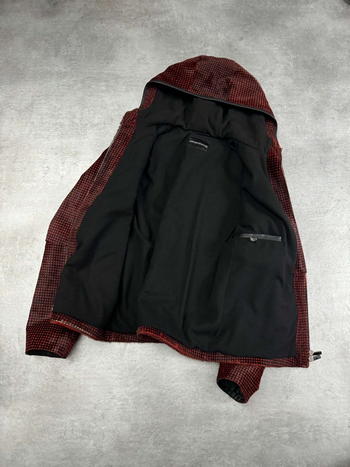 FW2013 Emporio Armani Goat Fur Black & Red Hooded Avant-Garde Jacket (M) - 9