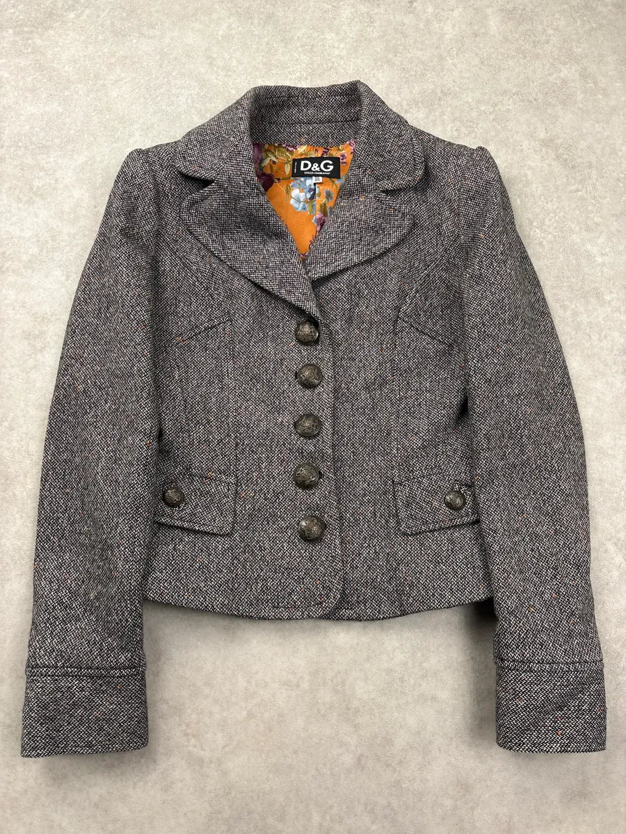 2000s Dolce & Gabbana Grey Tweed Classy Cropped Wool Blazer AUxQKuVQ 0