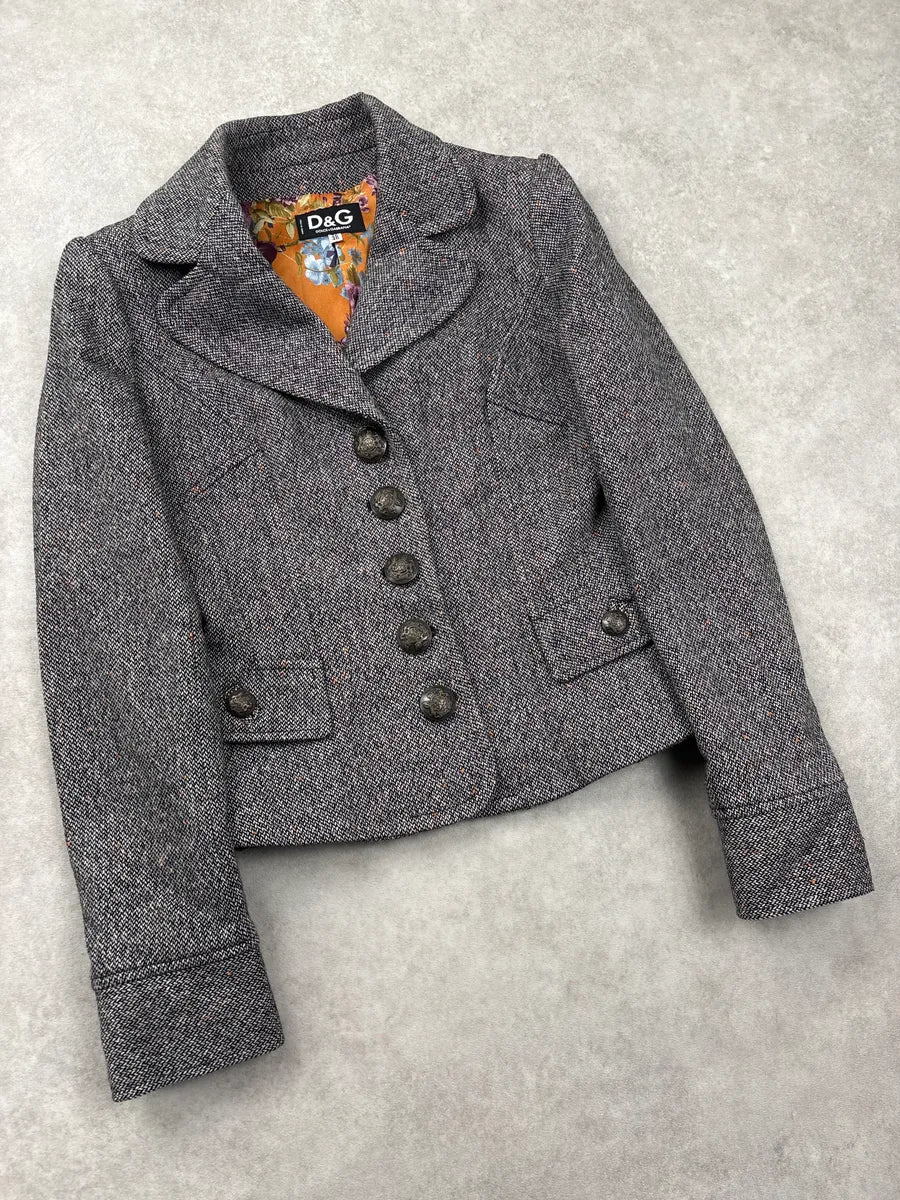2000s Dolce & Gabbana Grey Tweed Classy Cropped Wool Blazer AUxQKuVQ 3