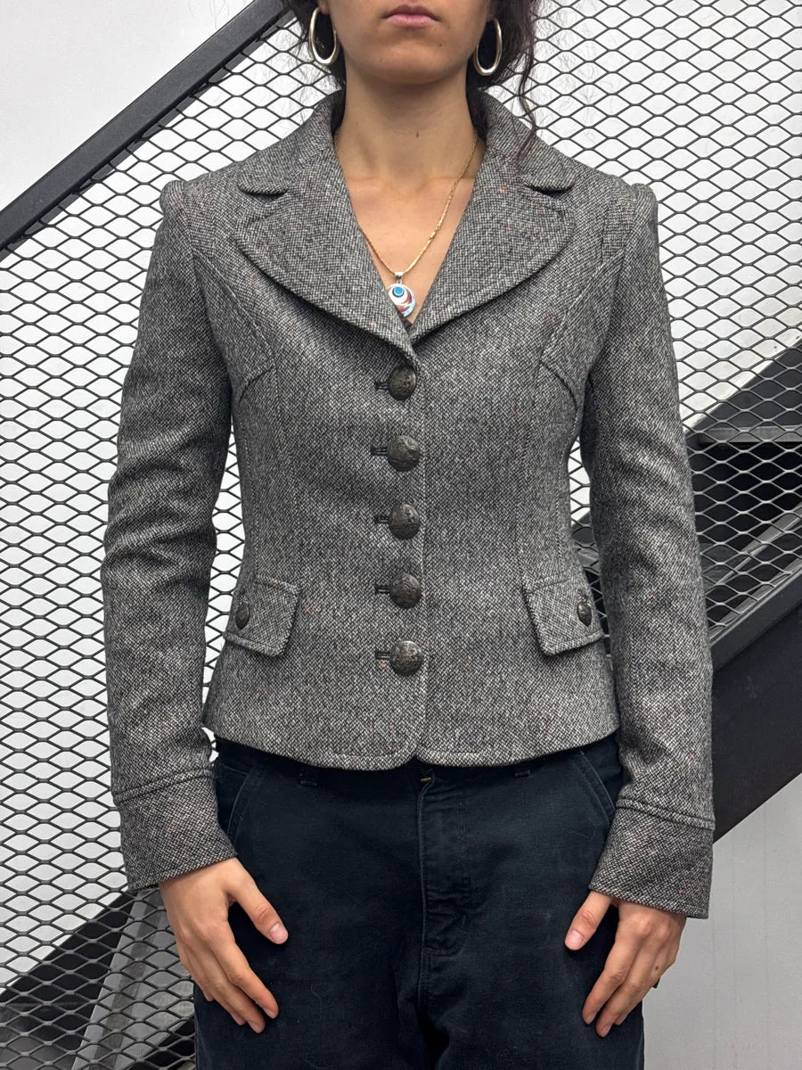 2000s Dolce & Gabbana Grey Tweed Classy Cropped Wool Blazer AUxQKuVQ 1