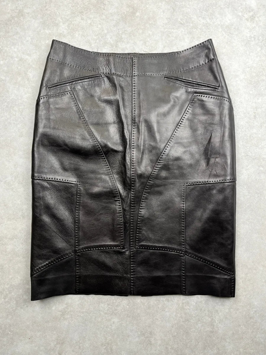 2000s Gucci Black Leather Paneled Topstitch Skirt by Tom Ford AdBvcKfU 0