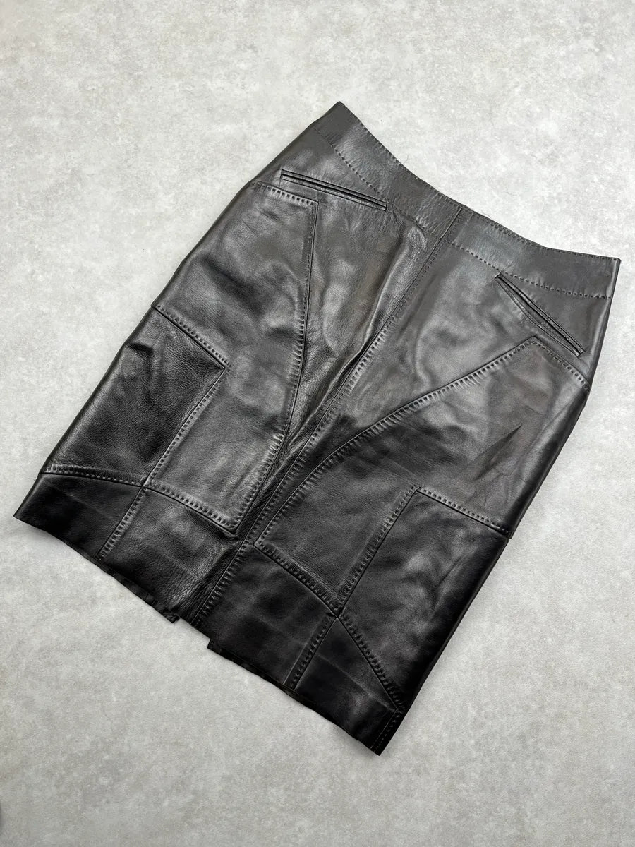 2000s Gucci Black Leather Paneled Topstitch Skirt by Tom Ford AdBvcKfU 7