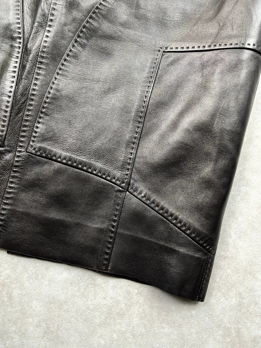 2000s Gucci Black Leather Paneled Topstitch Skirt by Tom Ford AdBvcKfU 8