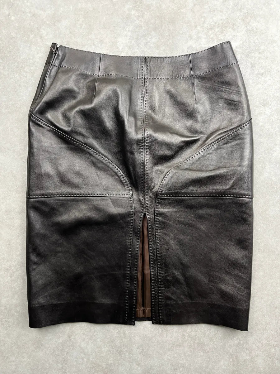 2000s Gucci Black Leather Paneled Topstitch Skirt by Tom Ford AdBvcKfU 4
