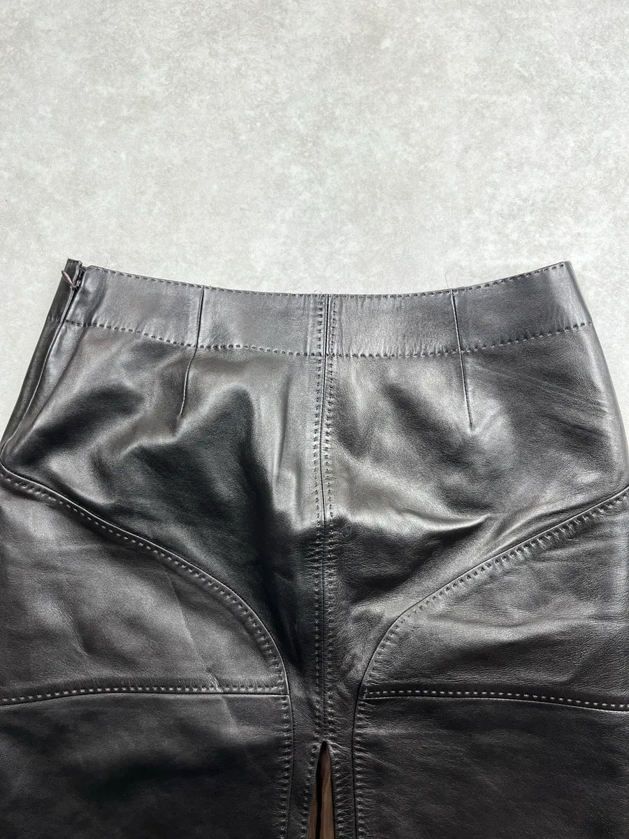 2000s Gucci Black Leather Paneled Topstitch Skirt by Tom Ford AdBvcKfU 6