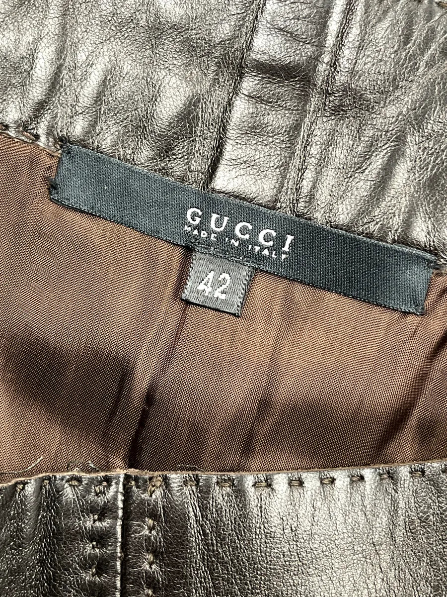 2000s Gucci Black Leather Paneled Topstitch Skirt by Tom Ford AdBvcKfU 10