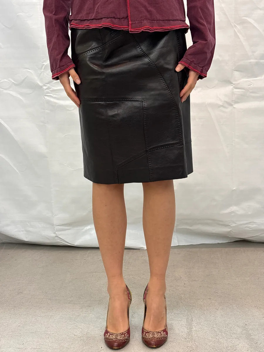 2000s Gucci Black Leather Paneled Topstitch Skirt by Tom Ford AdBvcKfU 1