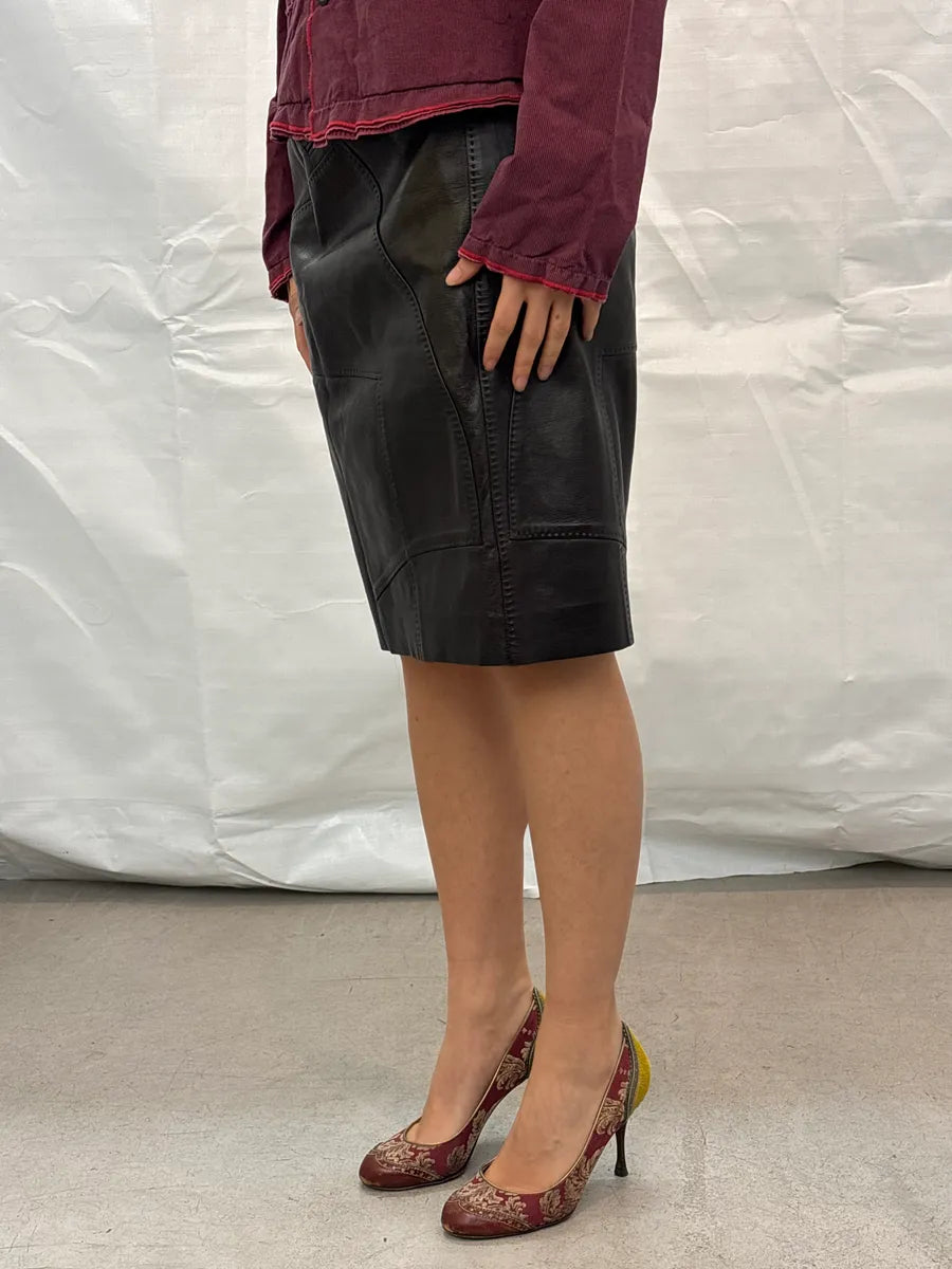 2000s Gucci Black Leather Paneled Topstitch Skirt by Tom Ford AdBvcKfU 2