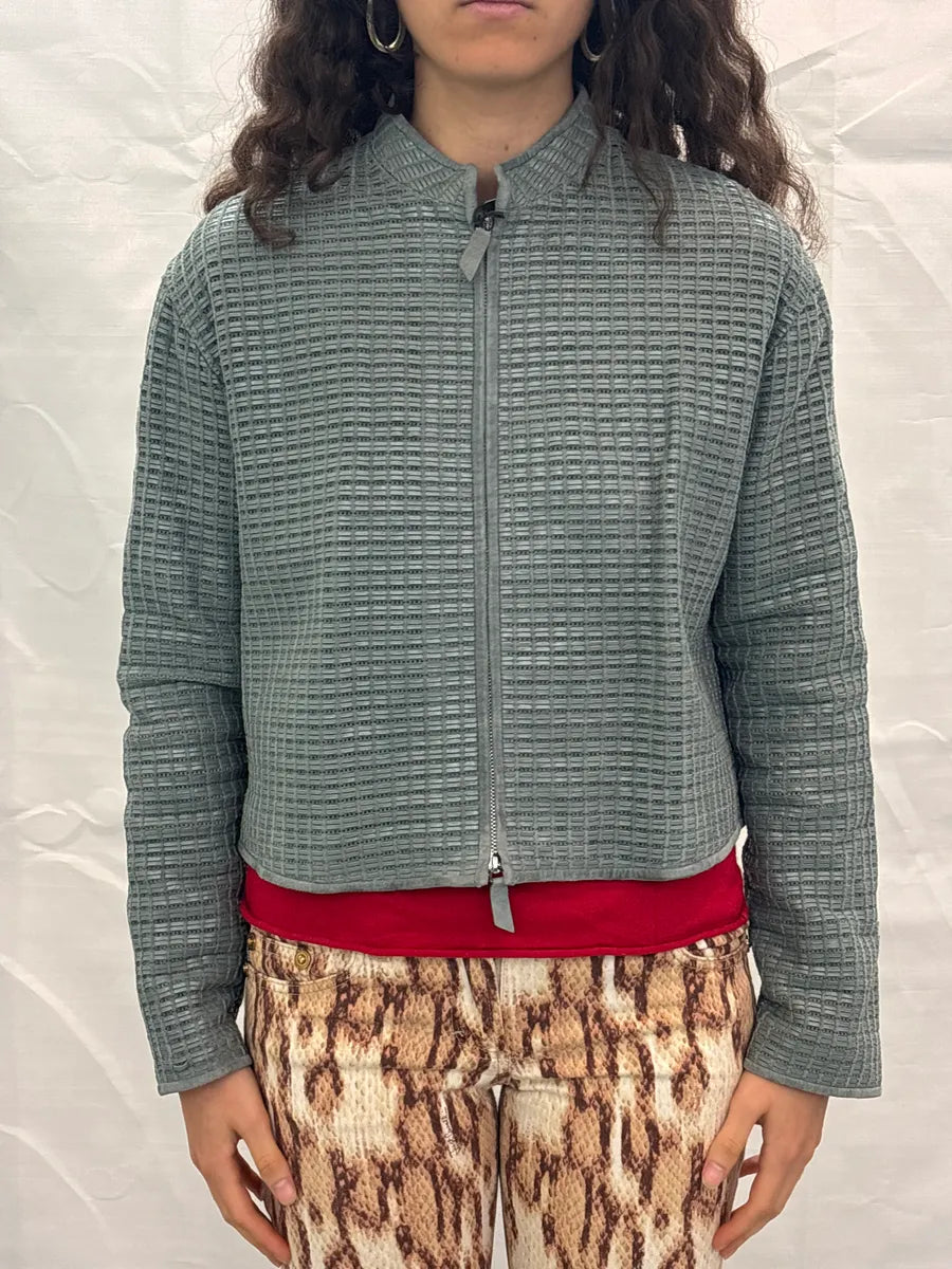 AW2023 Emporio Armani Light Green Geometric Textured Zip-Up Light Jacket AgRRYkUG 0