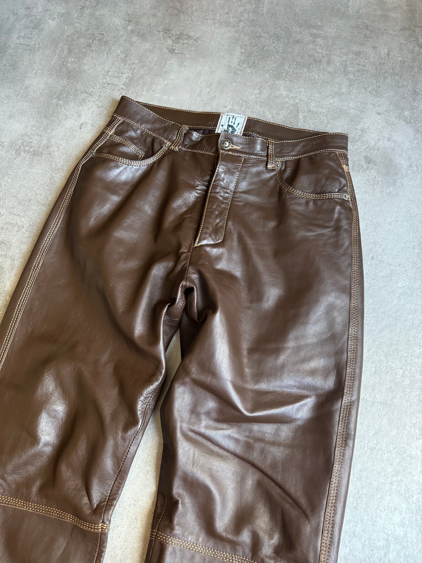 2000s Jean Paul Gaultier Cozy Brown Leather Pants (M) - 11