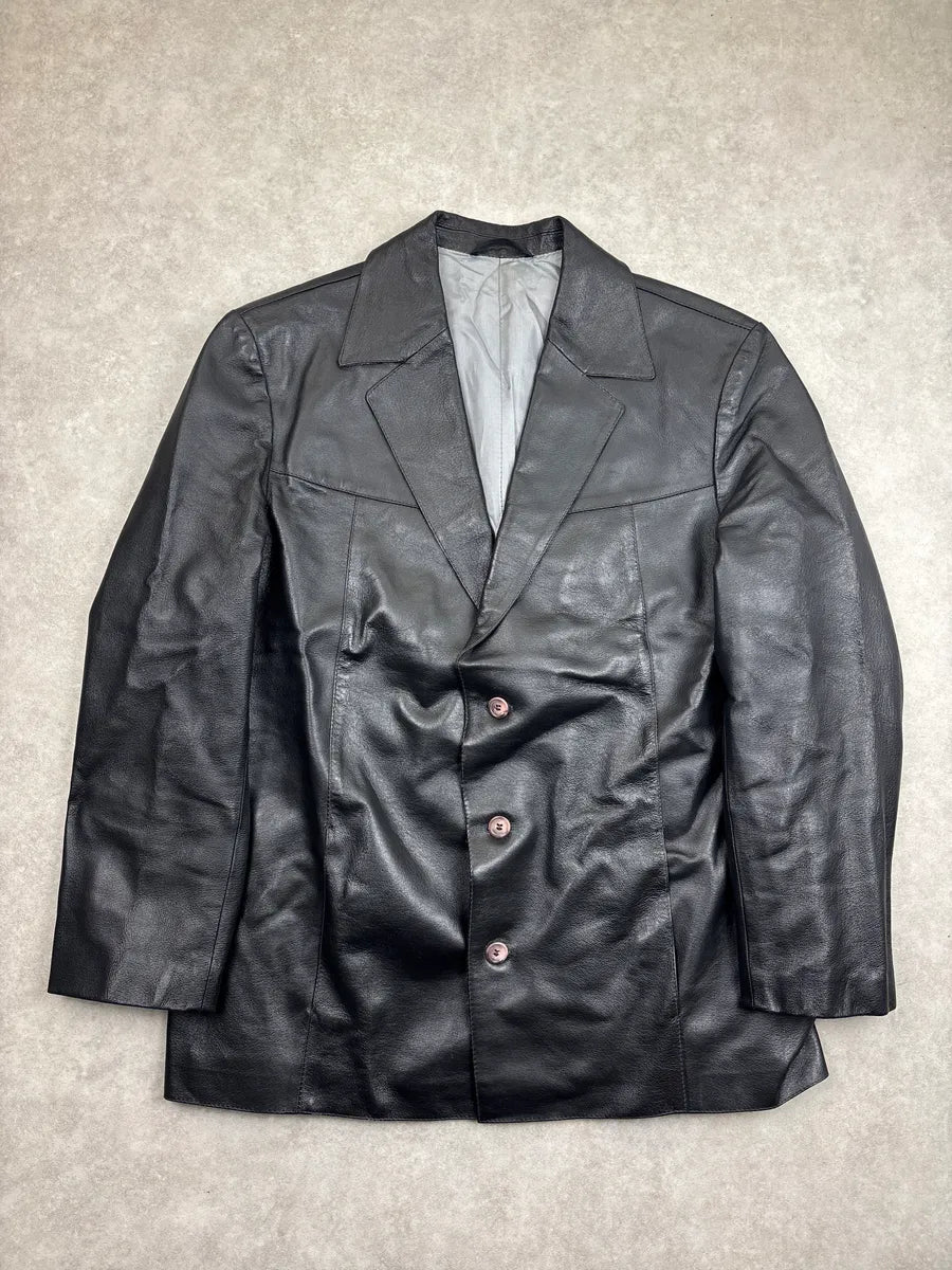 1990s Alexander McQueen Black Leather Wide Lapel Blazer Jacket AlbPRILi 0