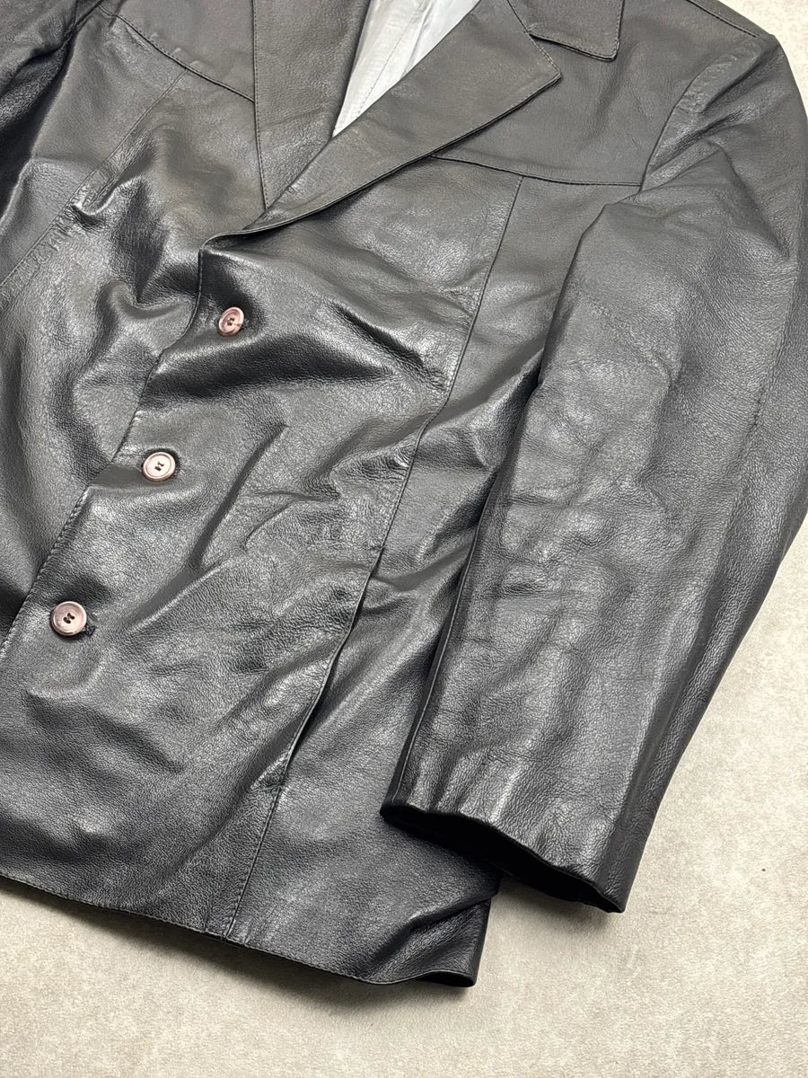 1990s Alexander McQueen Black Leather Wide Lapel Blazer Jacket AlbPRILi 7
