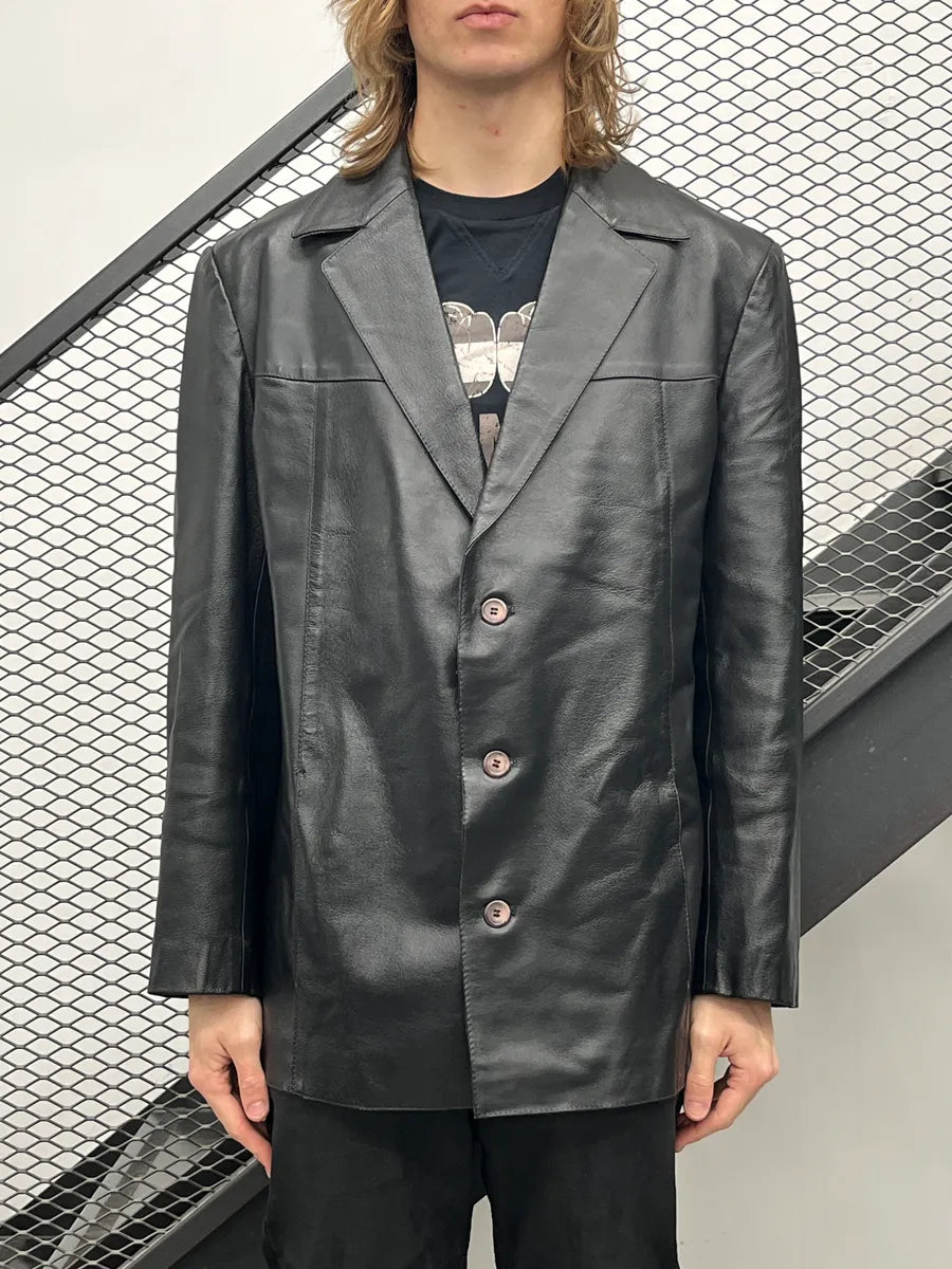 1990s Alexander McQueen Black Leather Wide Lapel Blazer Jacket AlbPRILi 1