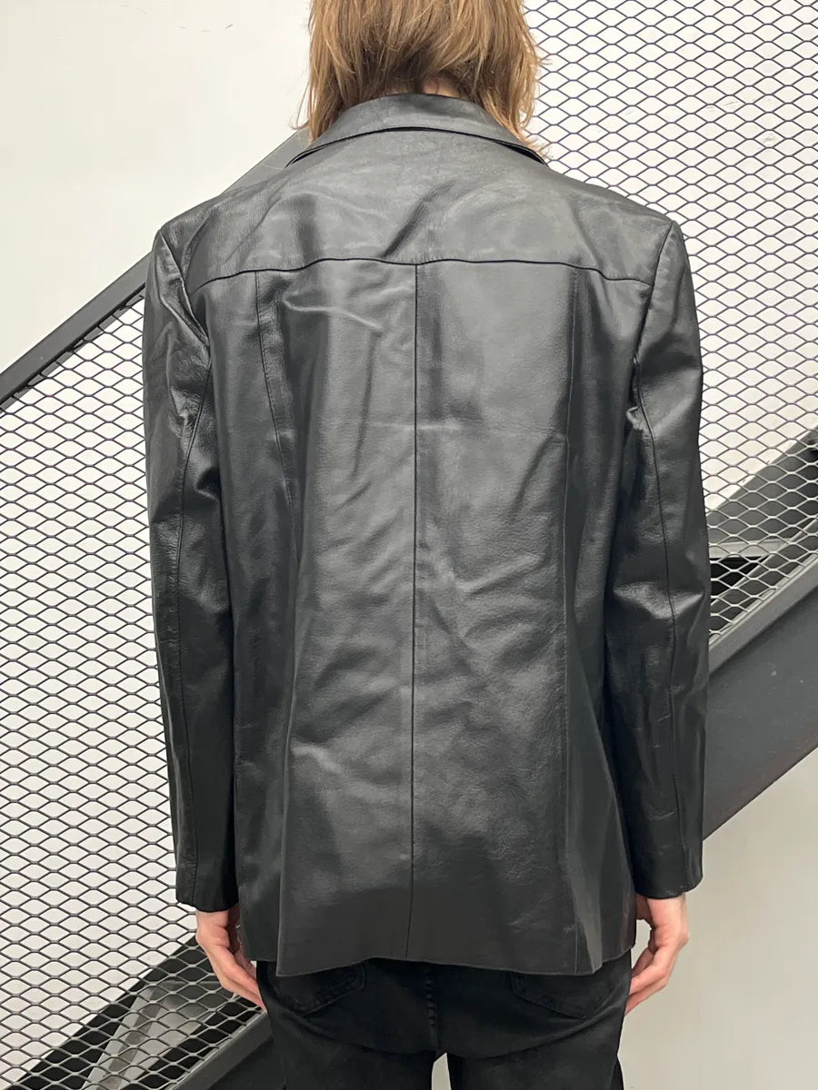 1990s Alexander McQueen Black Leather Wide Lapel Blazer Jacket AlbPRILi 2