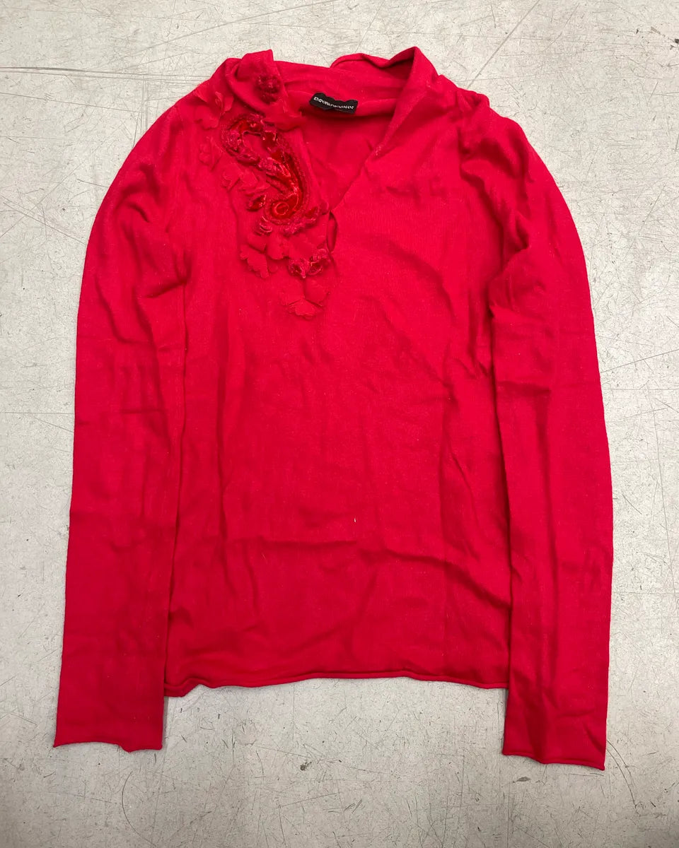 Emporio Armani Red Floral Appliqué Embellished V-Neck Sweater AtAIupvC 2