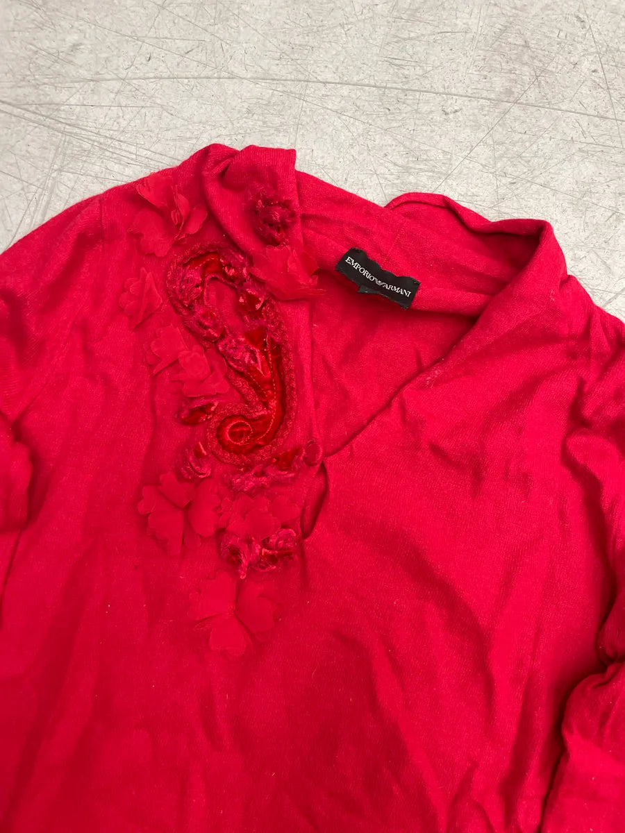 Emporio Armani Red Floral Appliqué Embellished V-Neck Sweater AtAIupvC 6