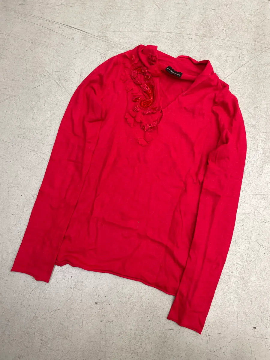 Emporio Armani Red Floral Appliqué Embellished V-Neck Sweater AtAIupvC 3