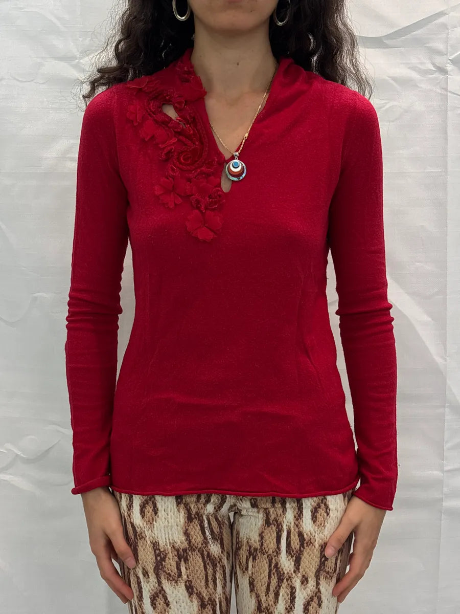 Emporio Armani Red Floral Appliqué Embellished V-Neck Sweater AtAIupvC 0