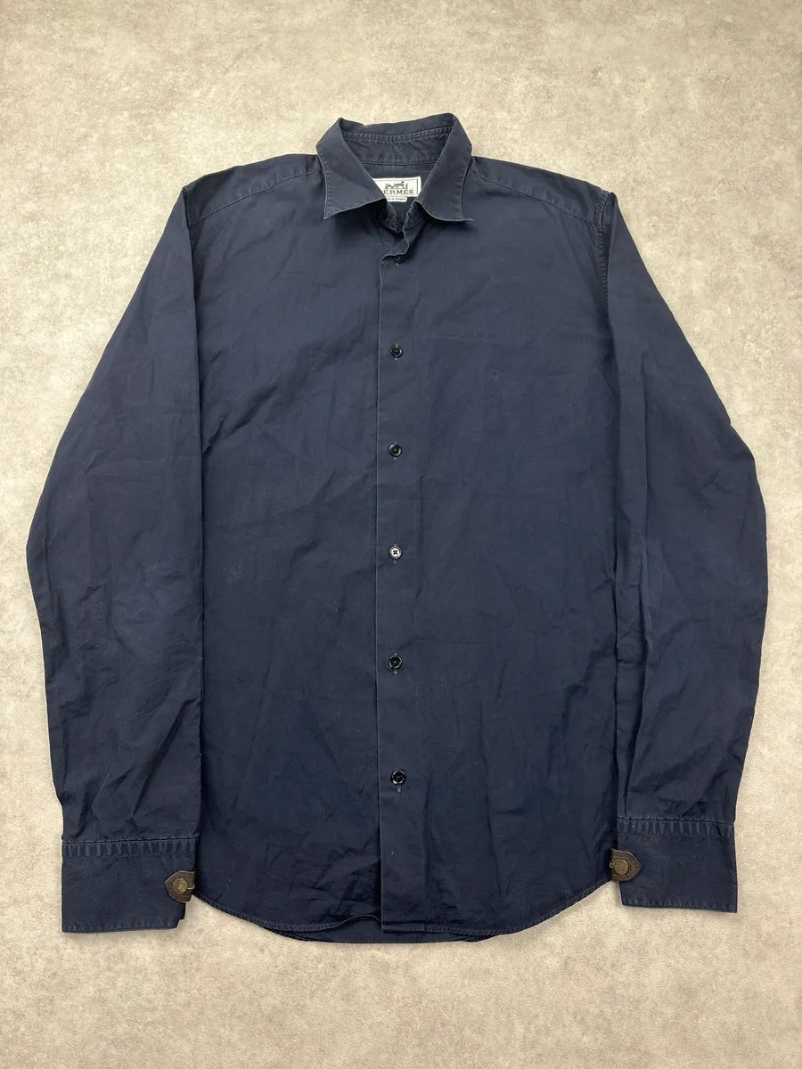 2000s Hermès Navy Leather Cuff Tab Shirt AukKfOjS 0