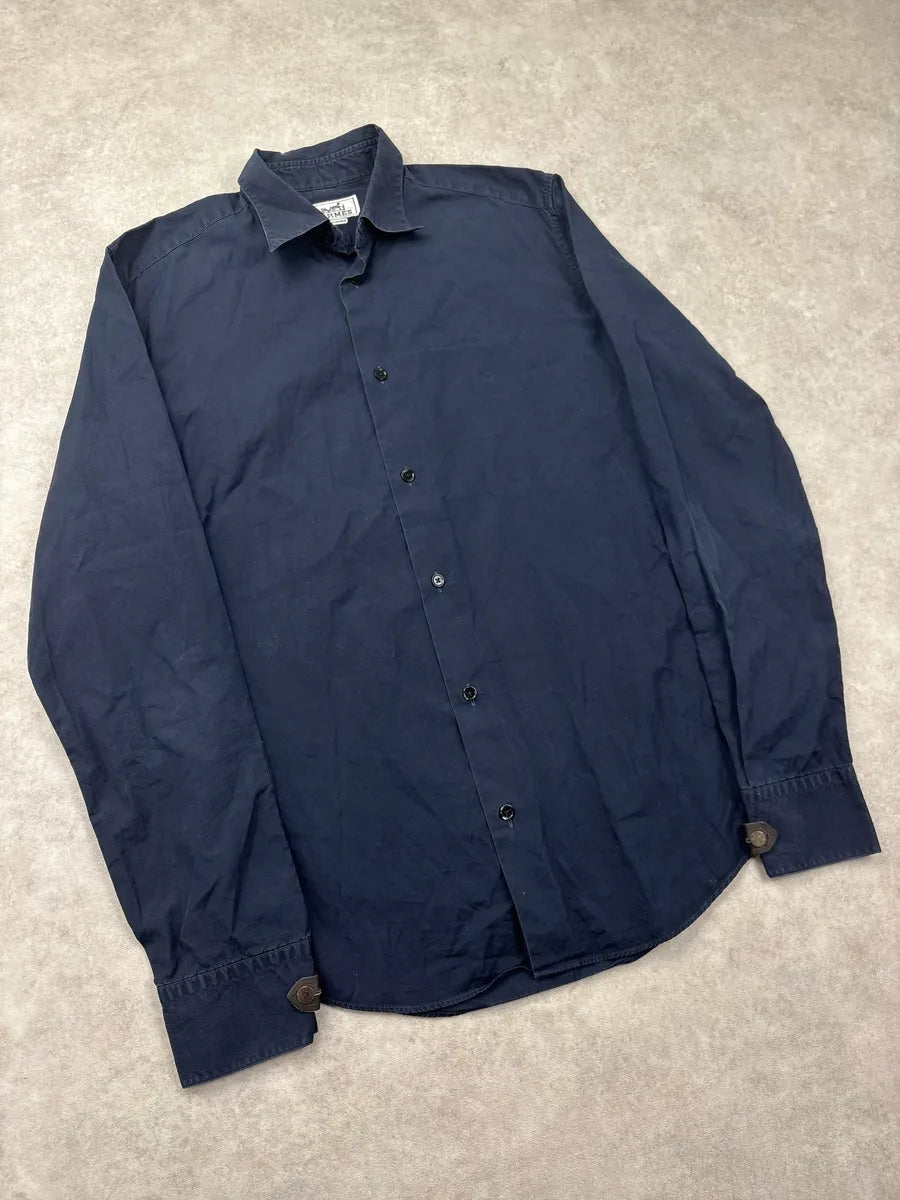 2000s Hermès Navy Leather Cuff Tab Shirt AukKfOjS 3