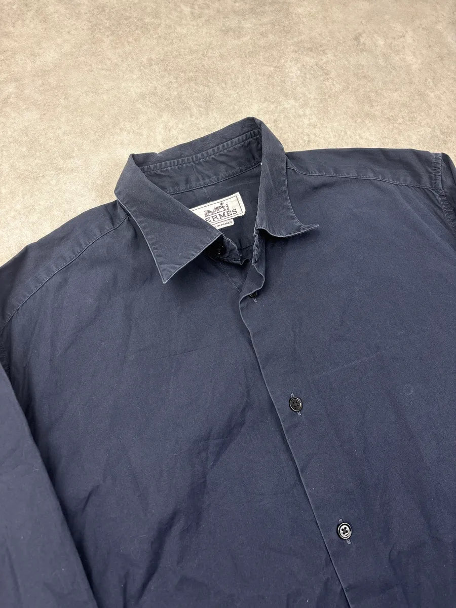2000s Hermès Navy Leather Cuff Tab Shirt AukKfOjS 4