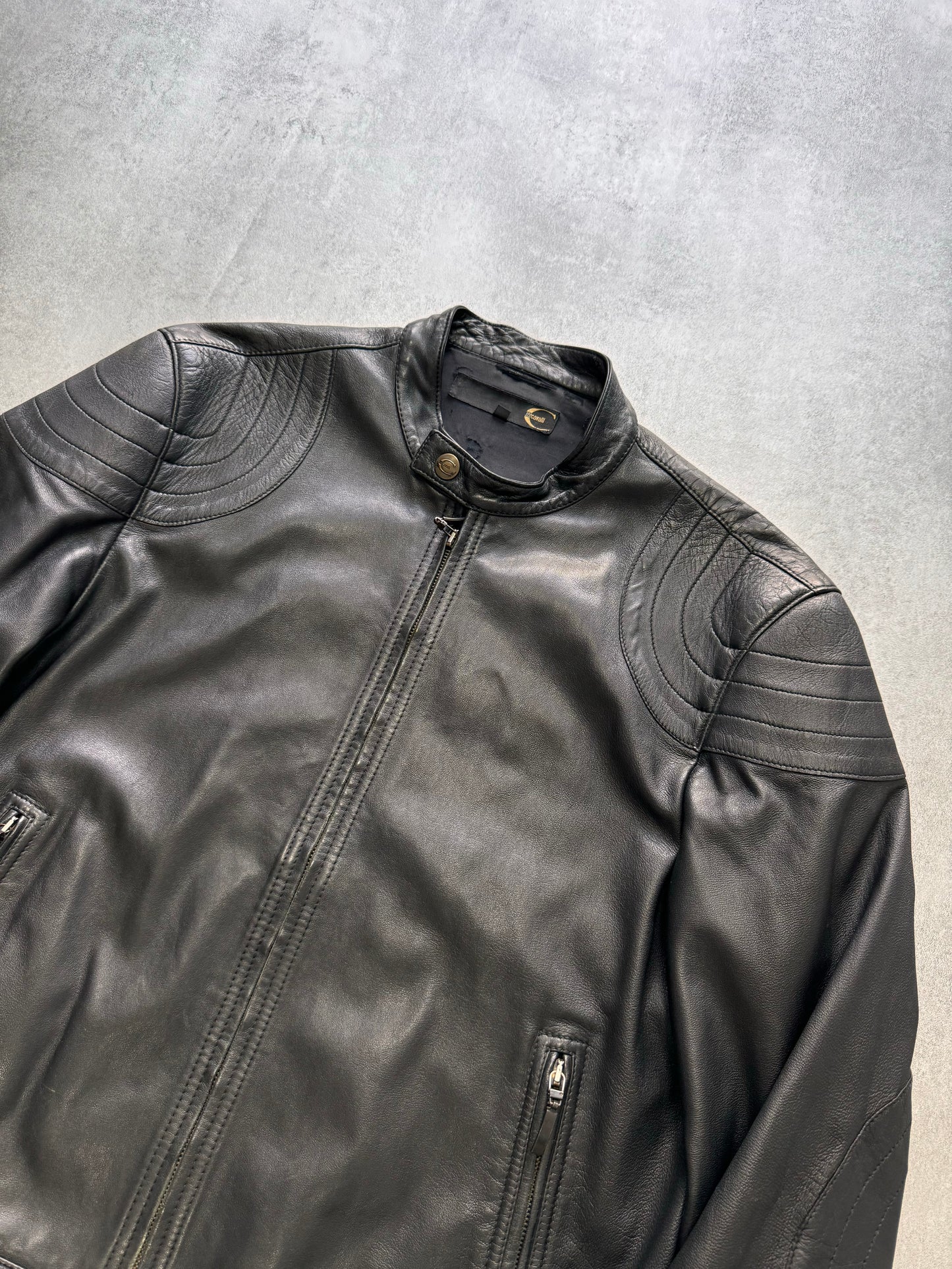 2000s Just Cavalli Dark Biker Leather Jacket (L)