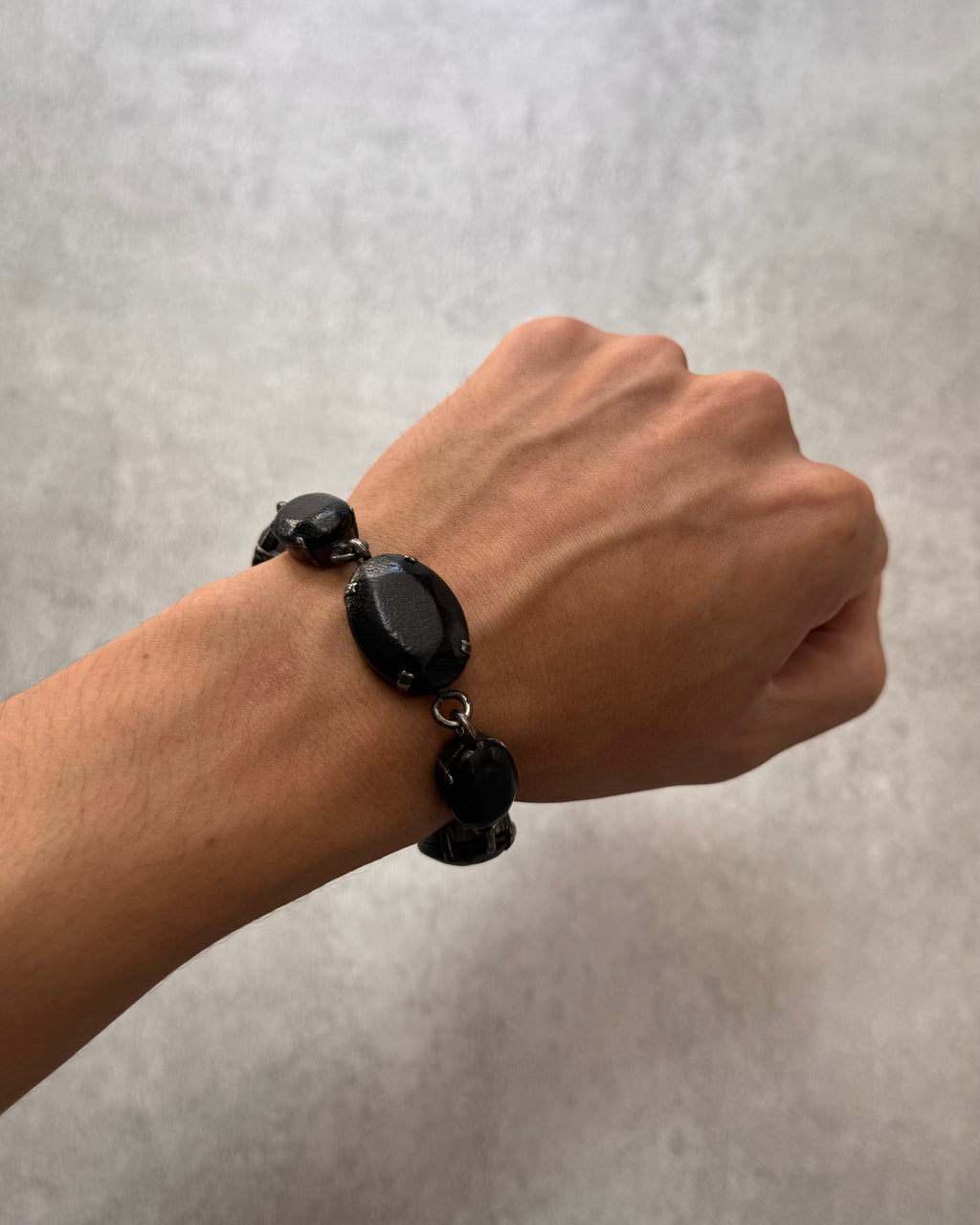 2000s Jean Paul Gaultier Black Leather Gemstone Metal Bracelet