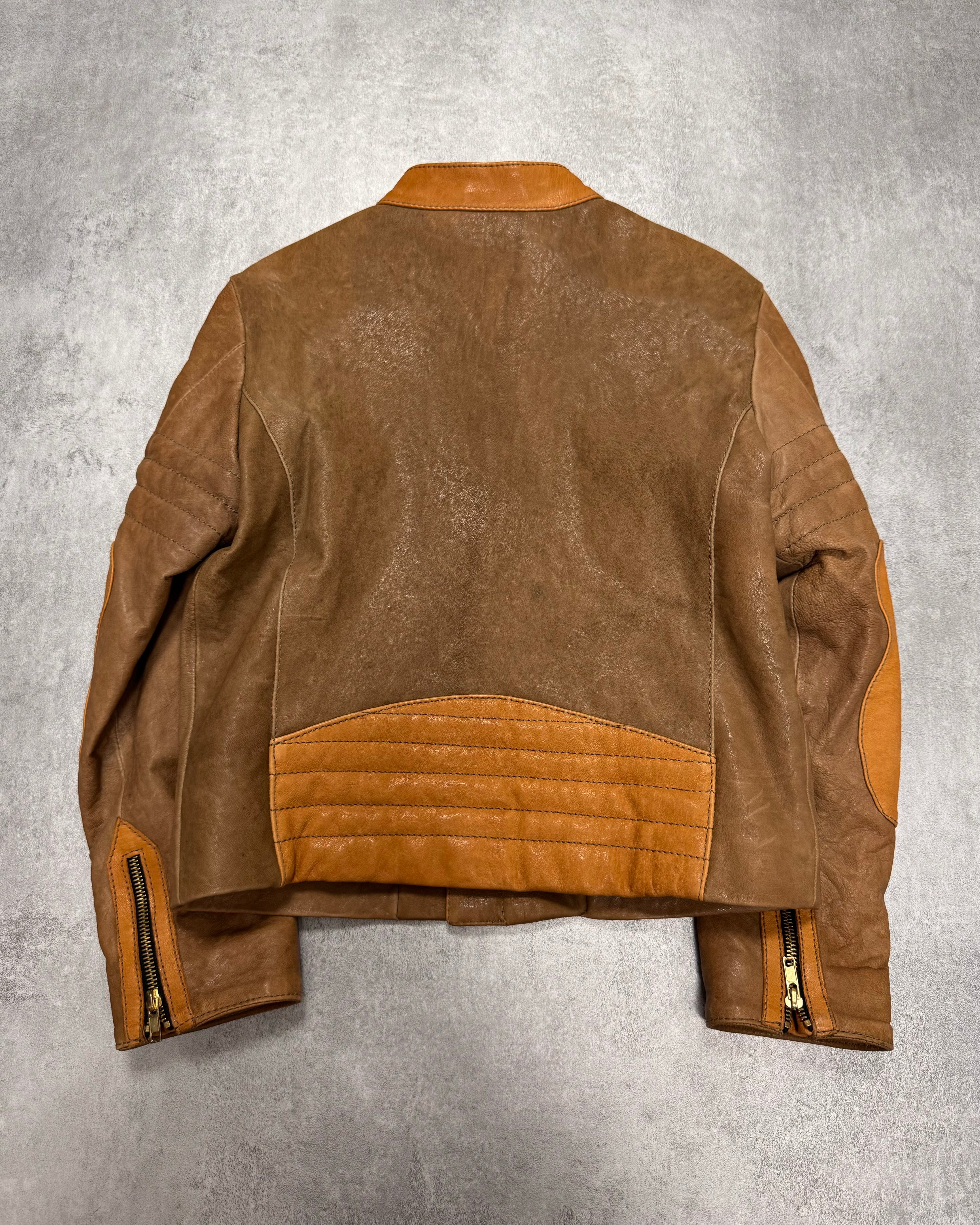 2000s Cavalli Sample Biker Cropped Beige Leather Jacket