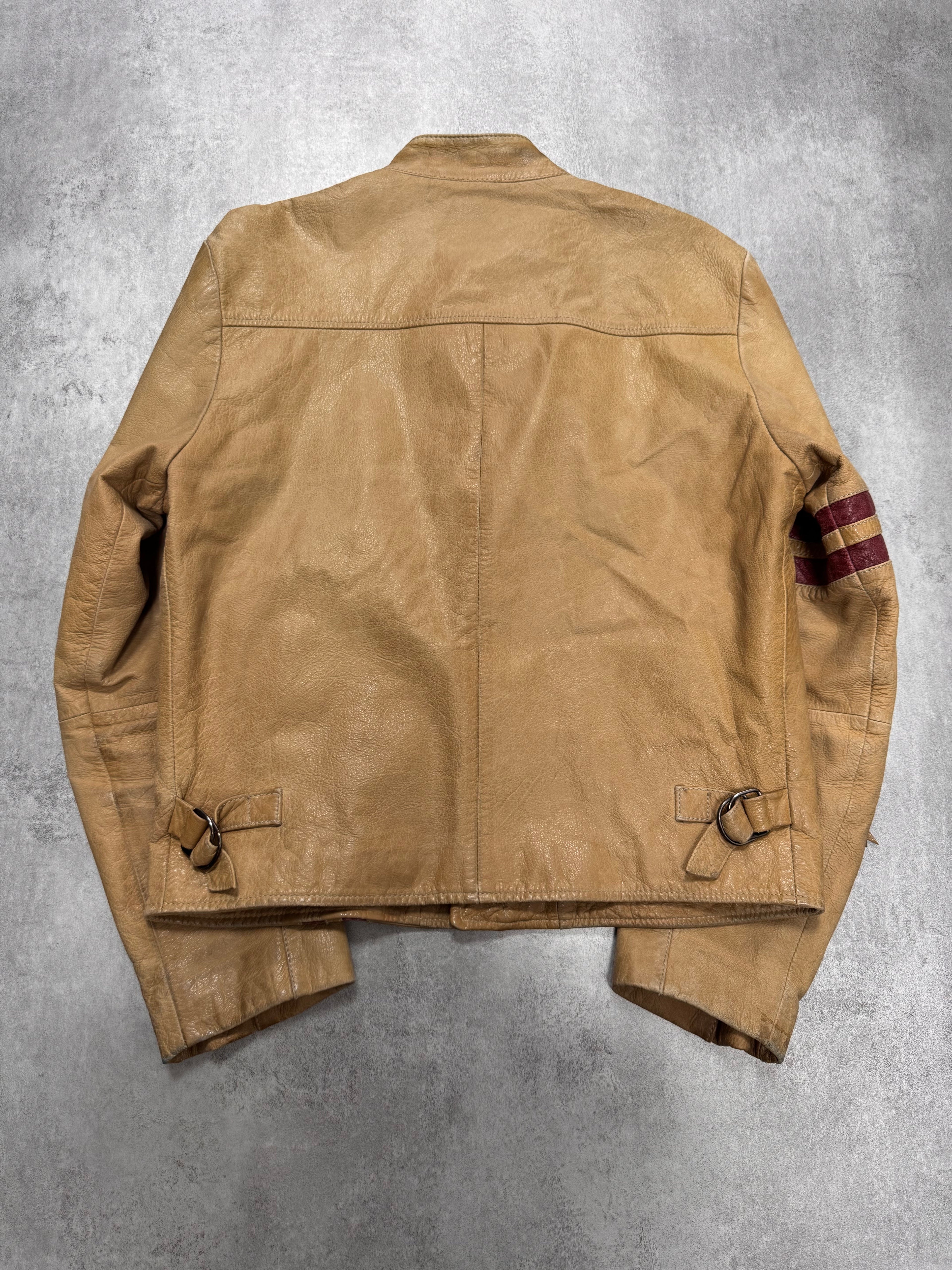 2000s Dolce & Gabbana Red Stripes Beige Leather Biker Jacket