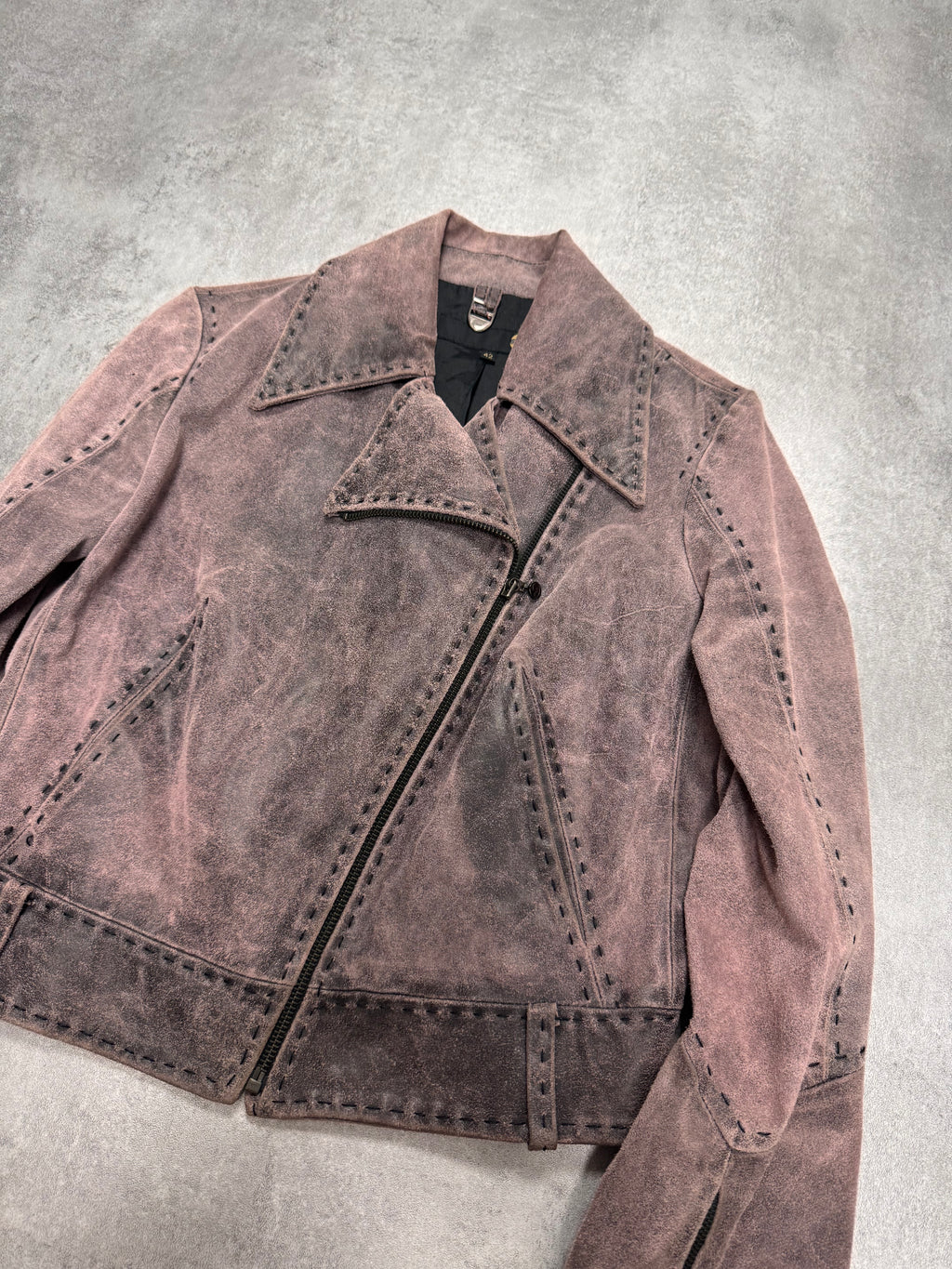 2000s Cavalli Raw Purple Grey Asymmetrical Leather Jacket