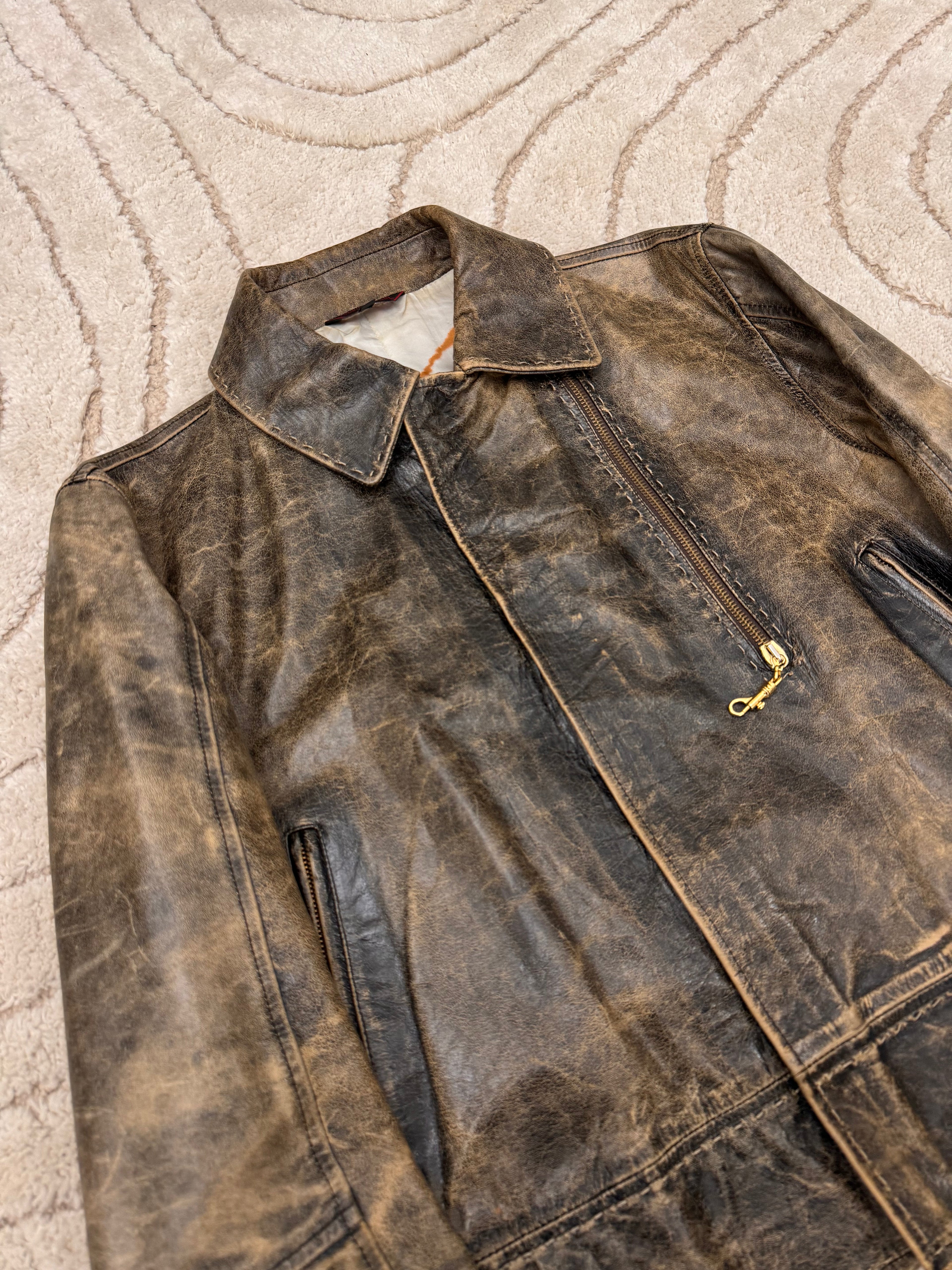 SS2000 Roberto Cavalli 手工短款仿旧皮夹克（S/M）