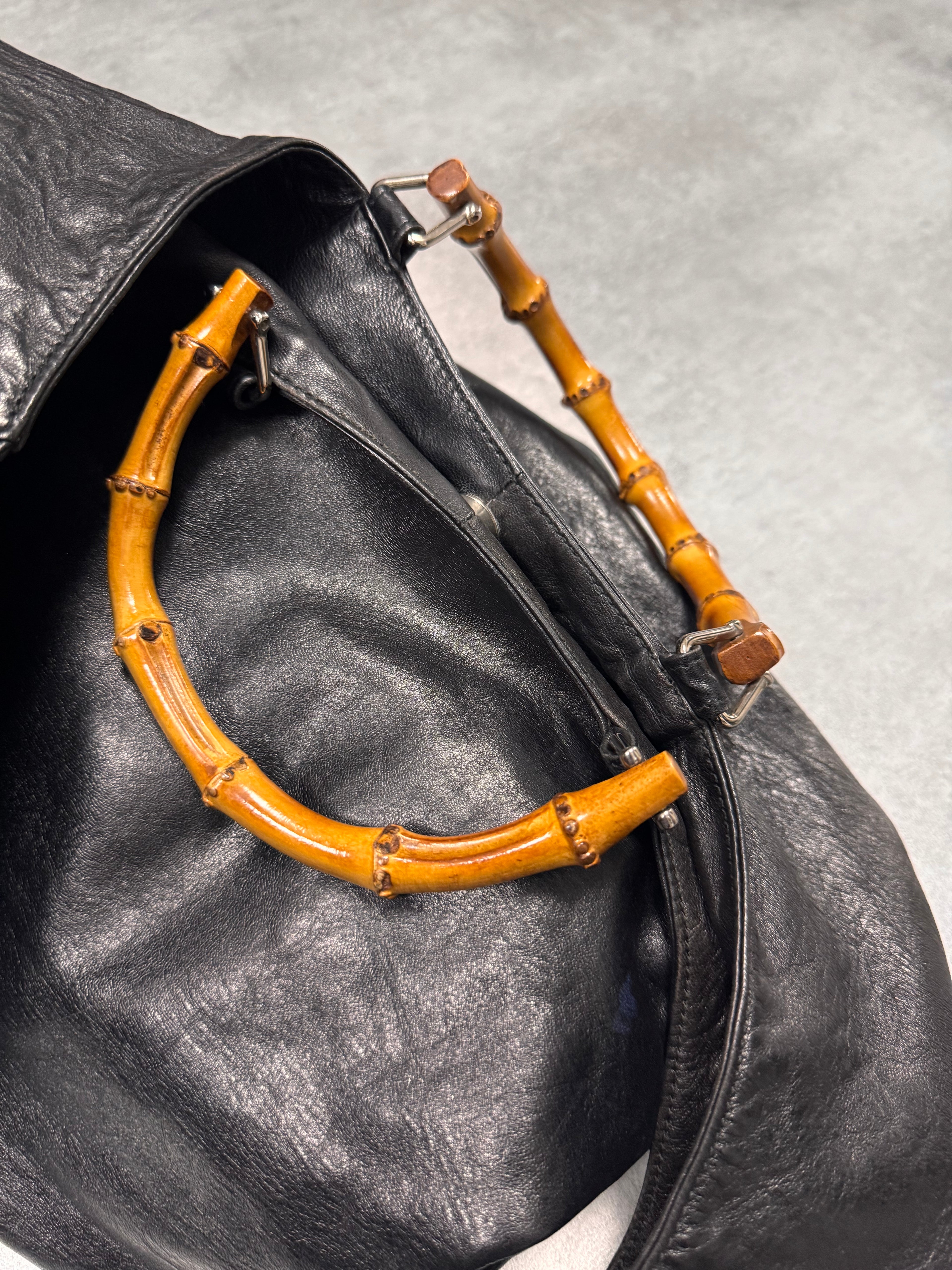 1996 Gucci Tom Ford Pure Black Leather Bamboo Shoulder Bag