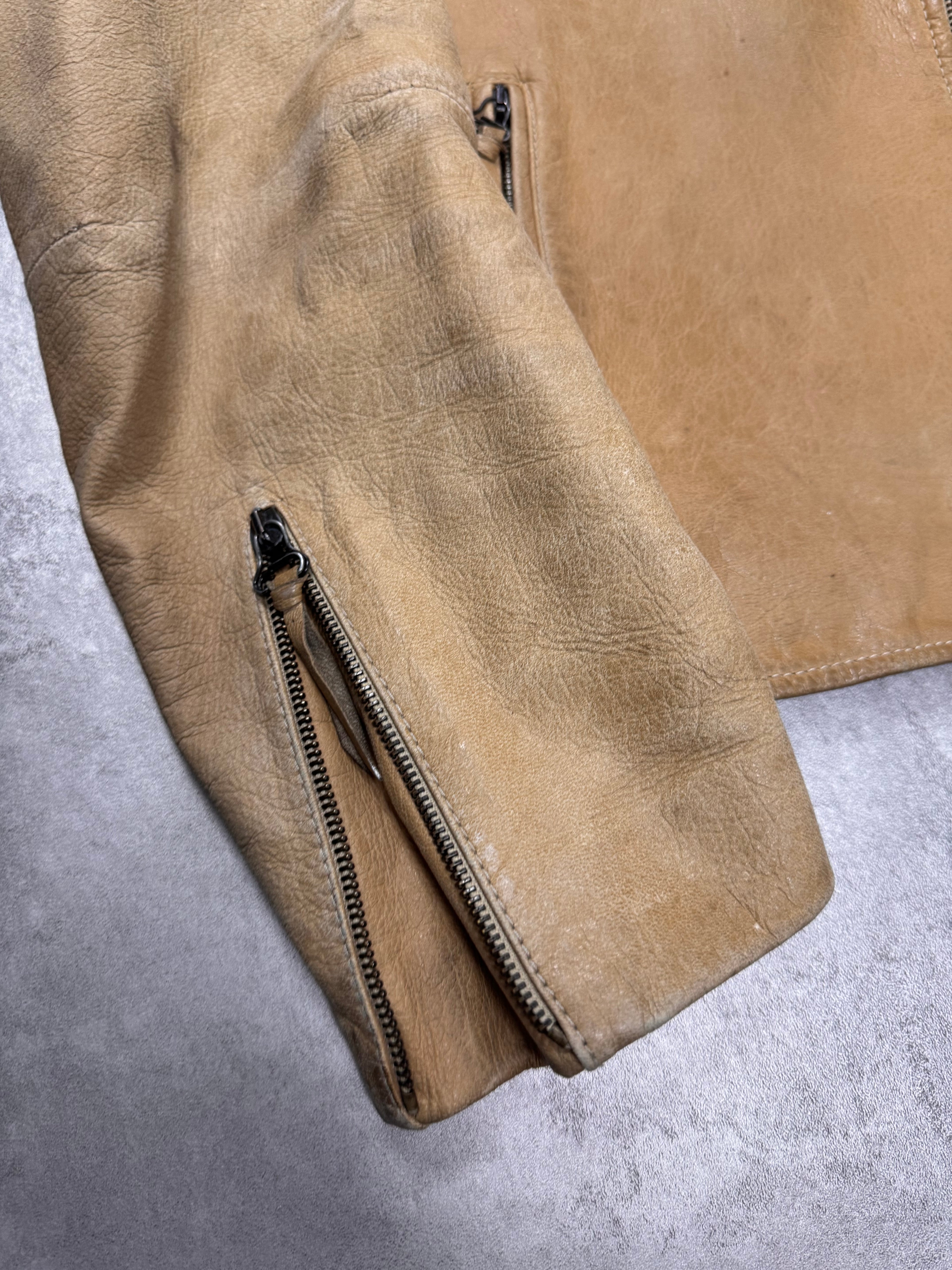 2000s Dolce & Gabbana Red Stripes Beige Leather Biker Jacket