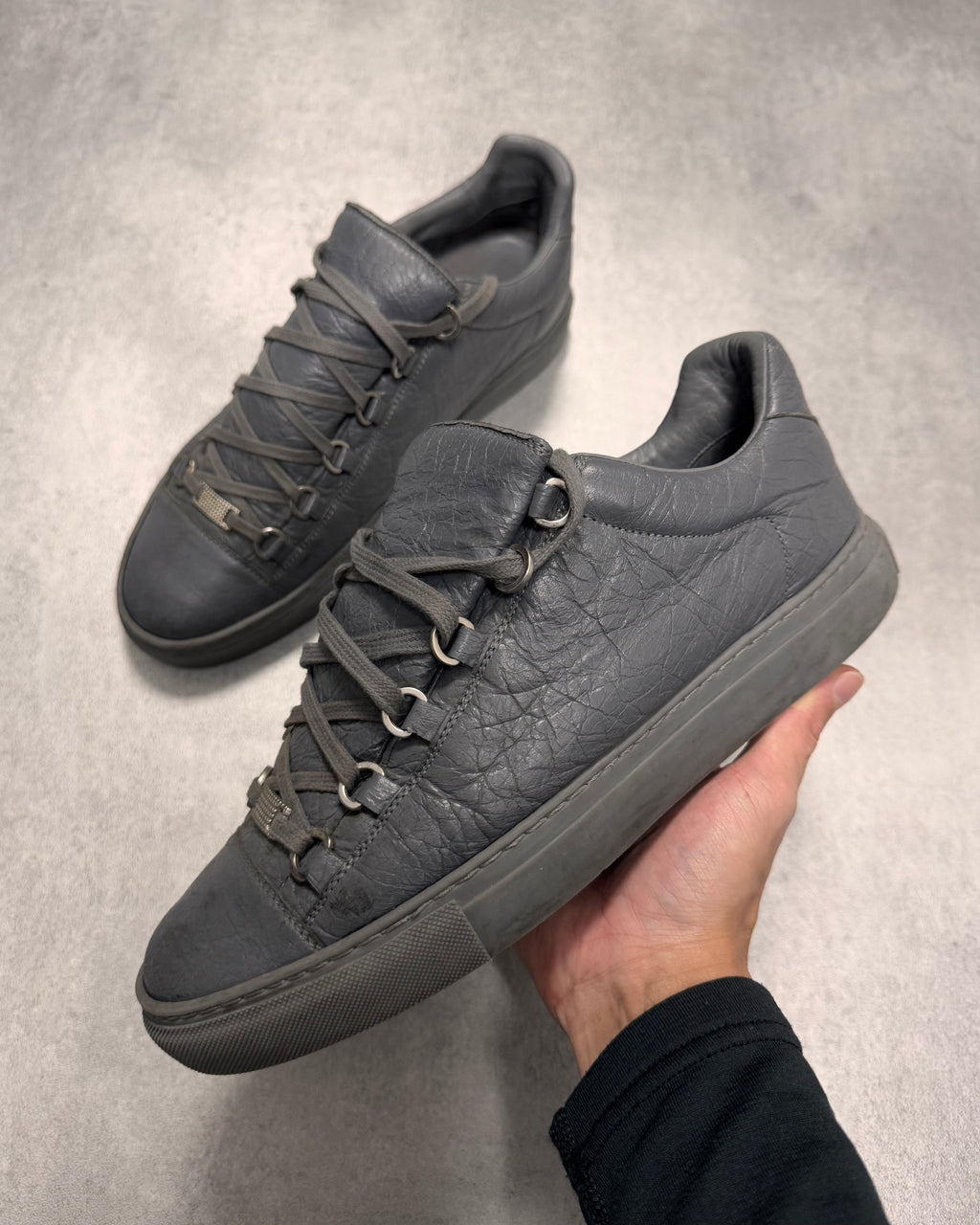 Balenciaga Arena Low Grey Cracked Leather Sneakers