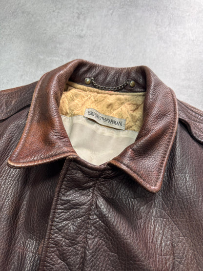 1990s Emporio Armani Brown Classic Bomber Leather Jacket (M)