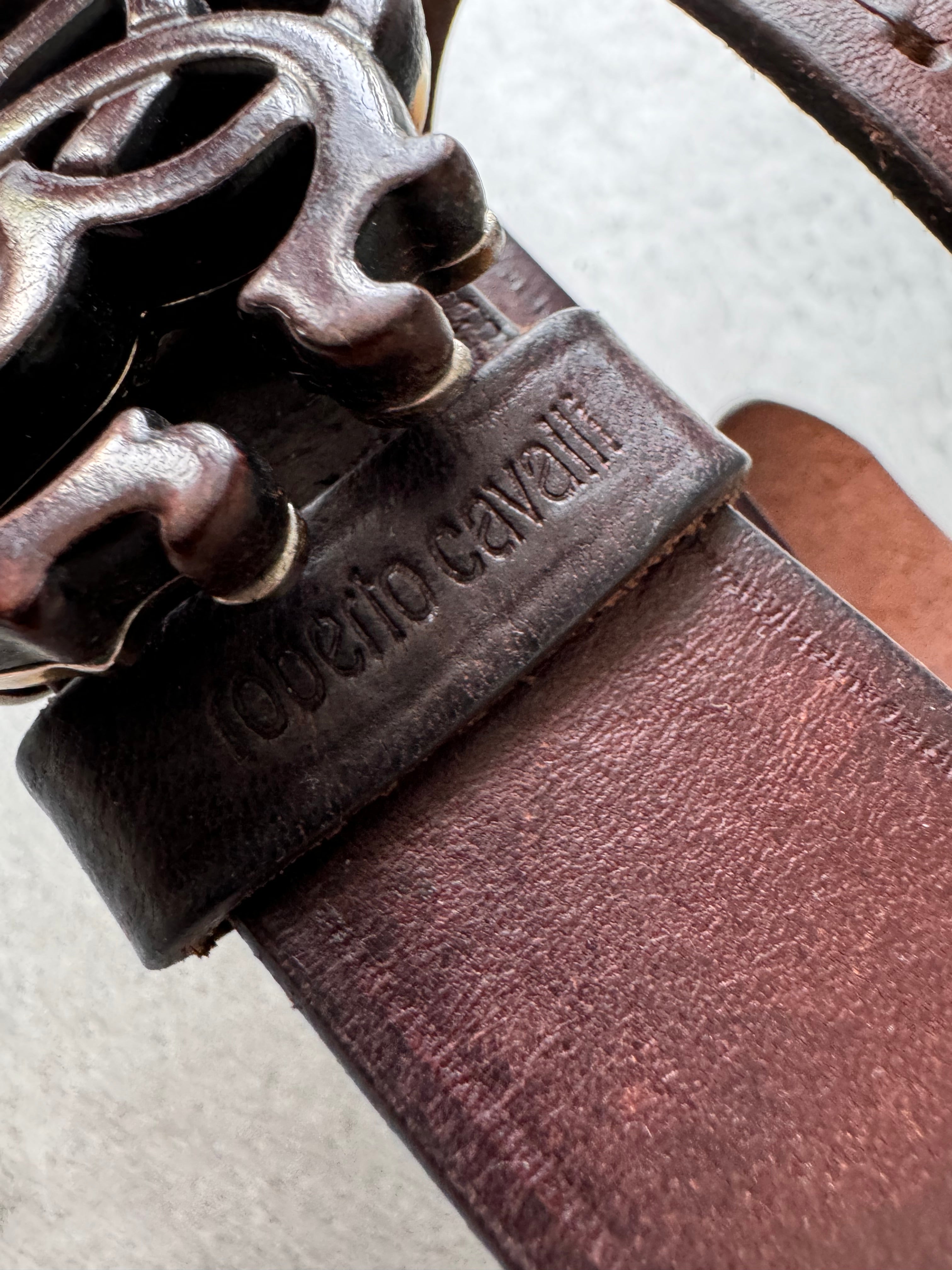Roberto Cavalli Logo Buckle Brown Leather Belt (OS)