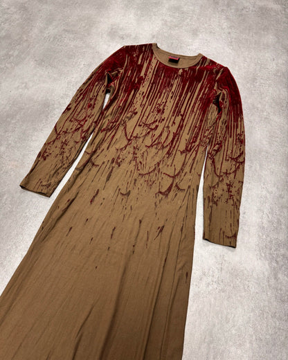 AW1998 Jean Paul Gaultier Blood Drip Kaki Maxi Dress (XS)
