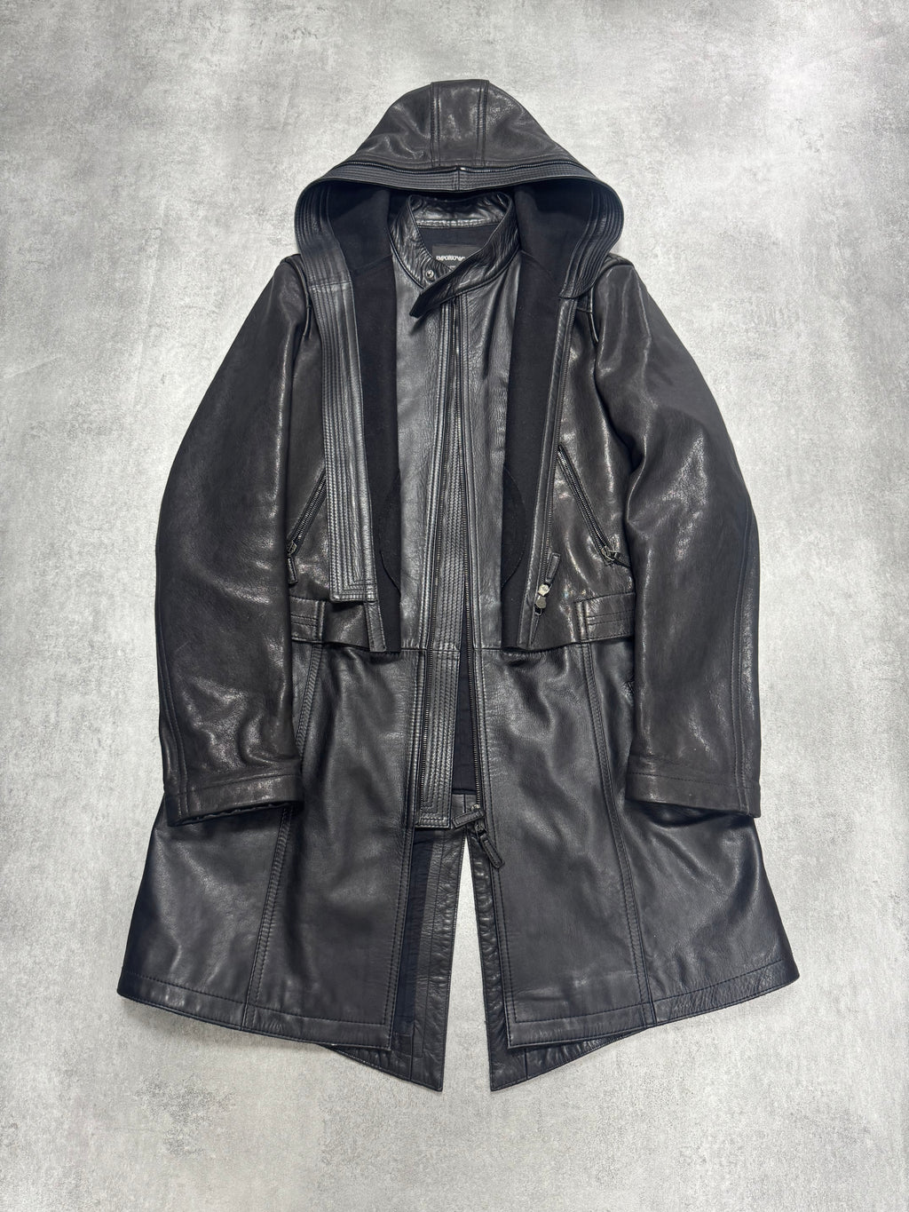 FW2012 Emporio Armani Full Zip Black Leather Long Jacket