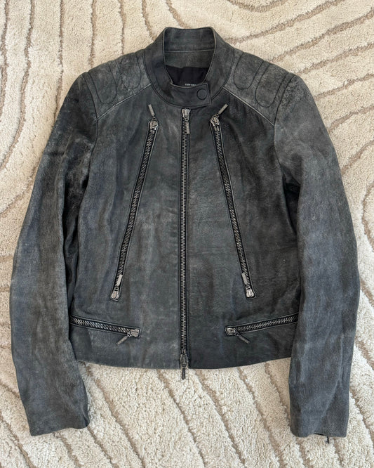 Plein Sud Biker Patched Faded Leather Jacket (XS)
