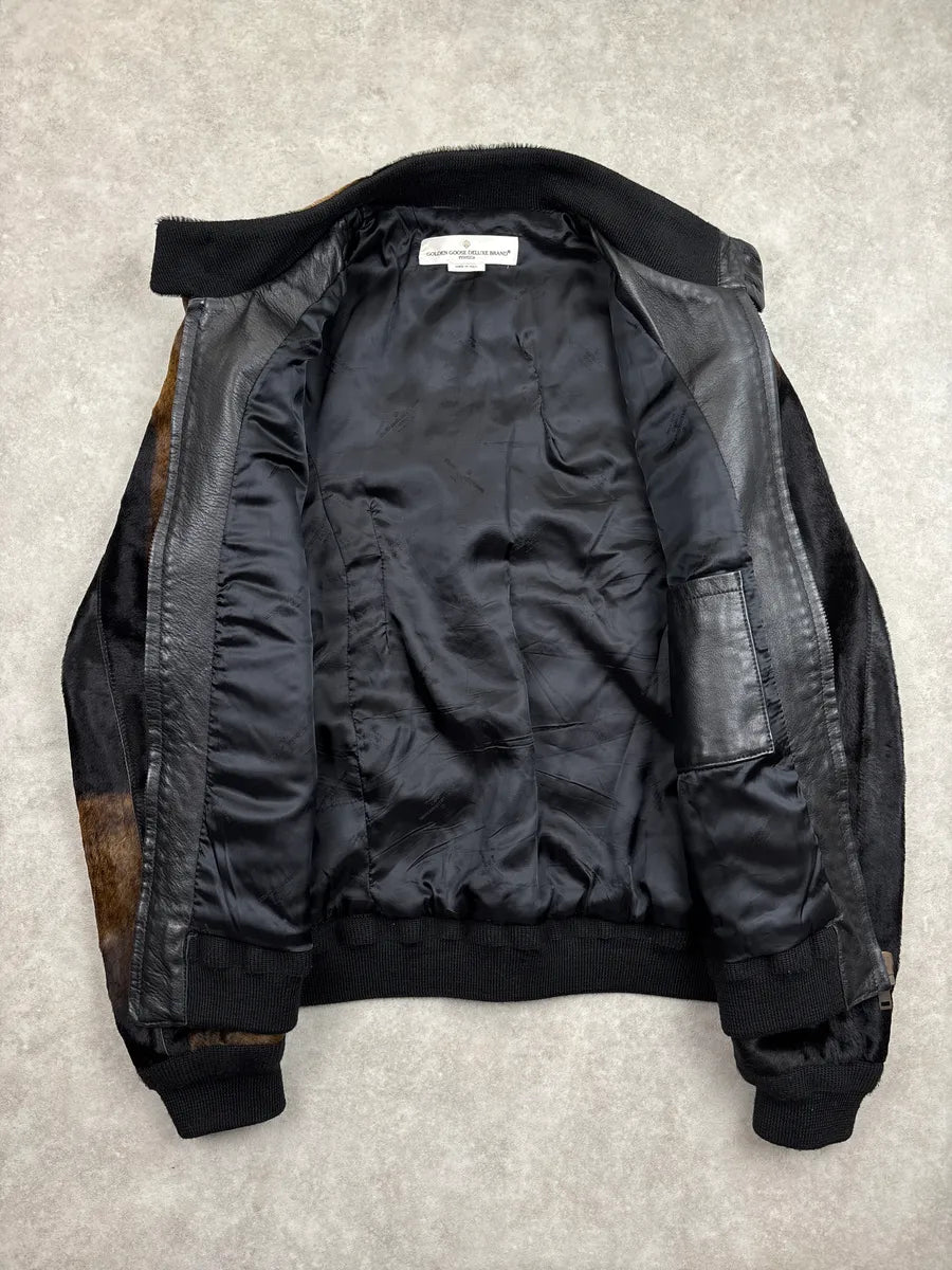 2018 Golden Goose Brown Black Pony HairLeather  Zip-Up Bomber Jacket BEsNerkD 4