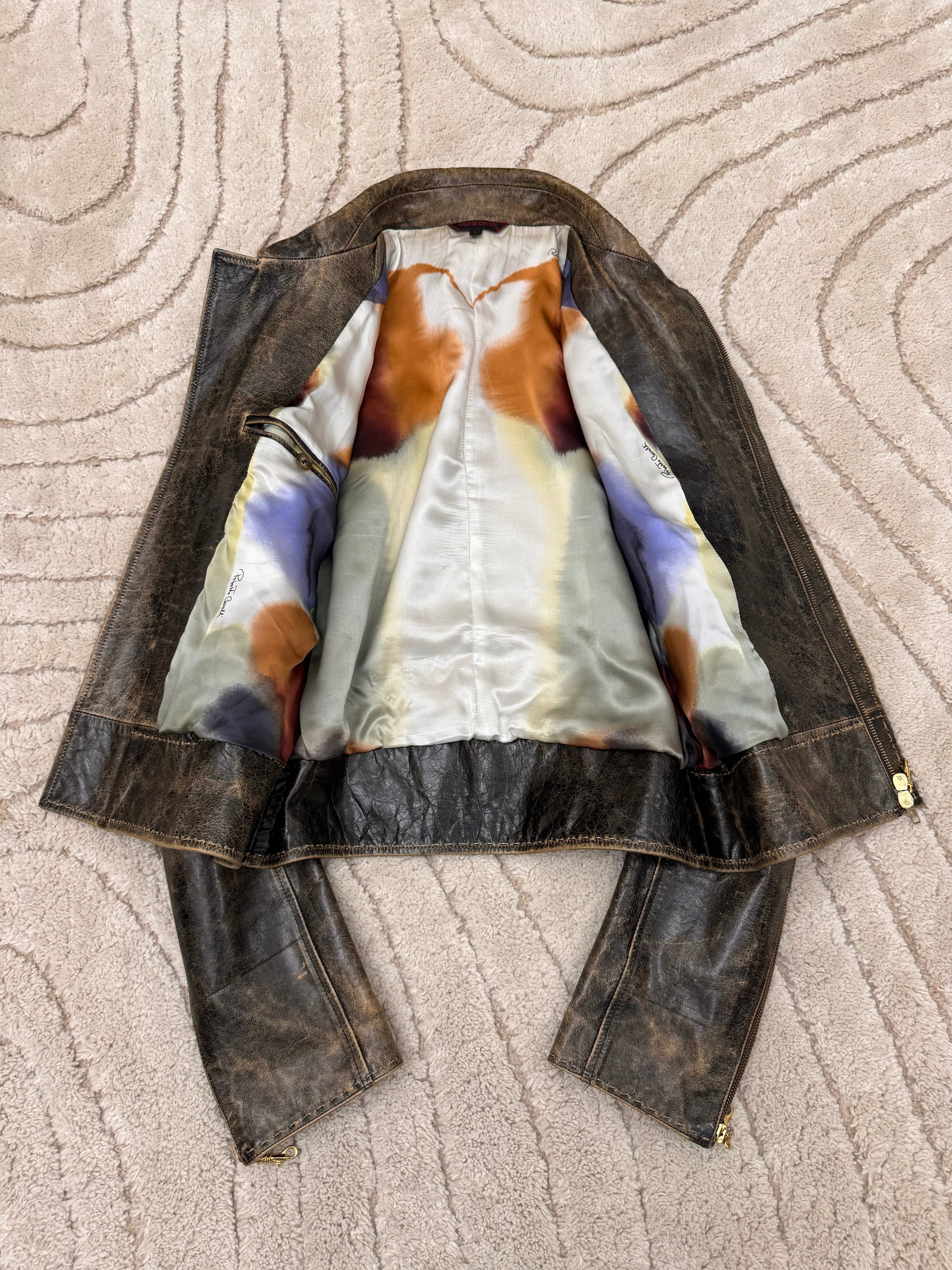 SS2000 Roberto Cavalli 手工短款仿旧皮夹克（S/M）