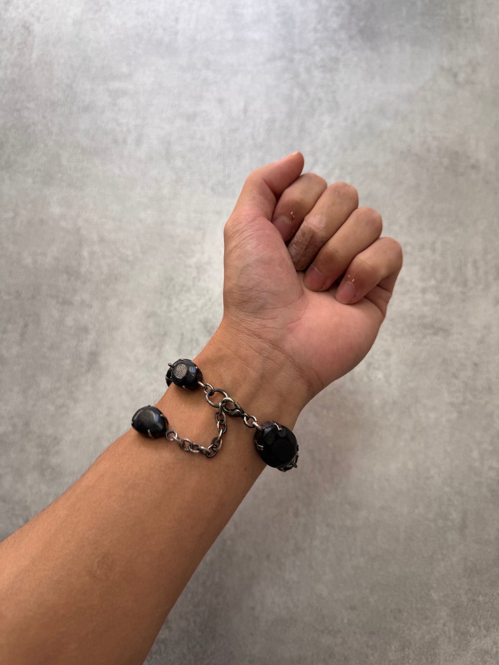 2000s Jean Paul Gaultier Black Leather Gemstone Metal Bracelet