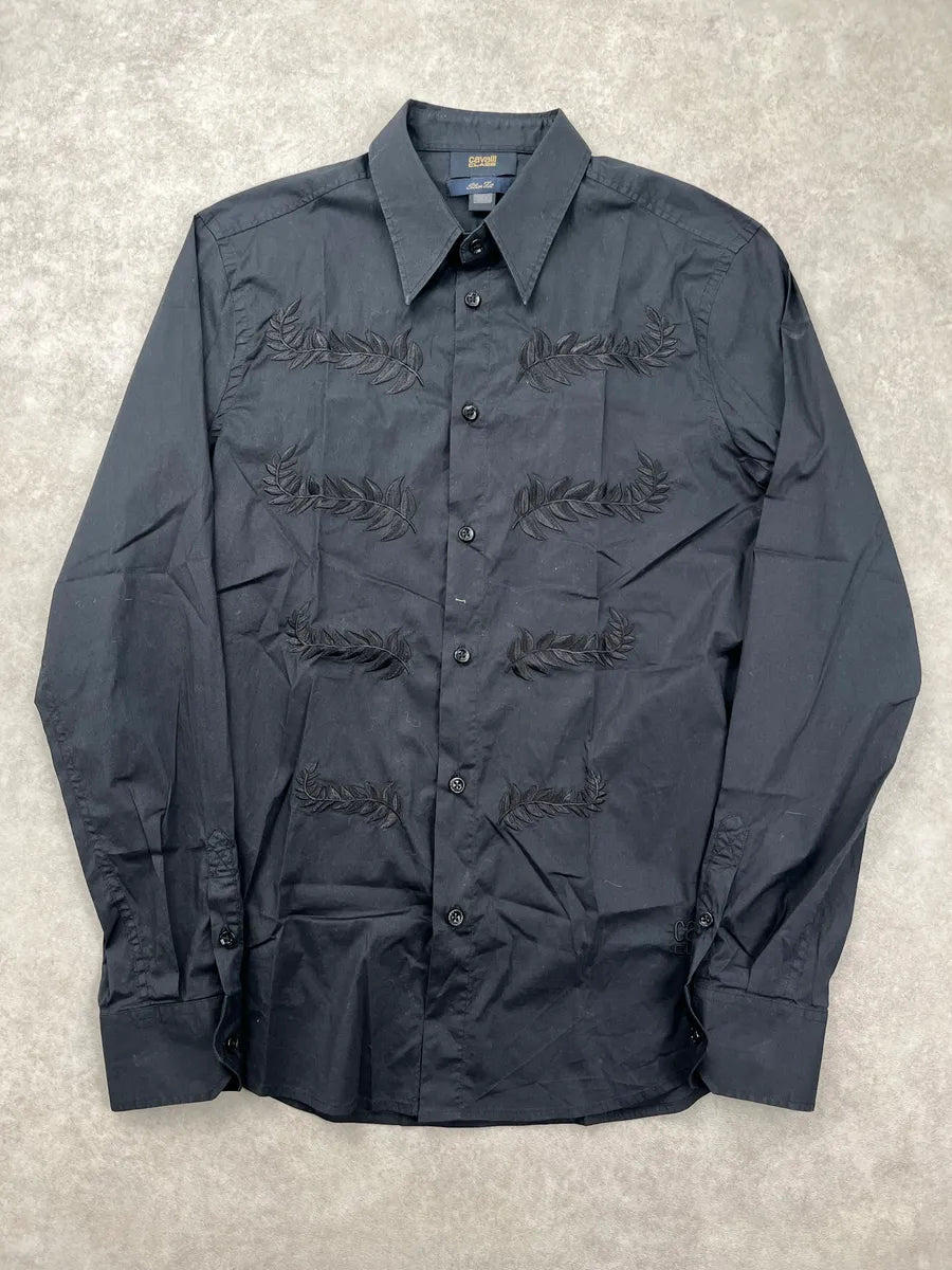 Roberto Cavalli Black Leaf Embroidered Slim Fit Shirt BFGHhBWE 0