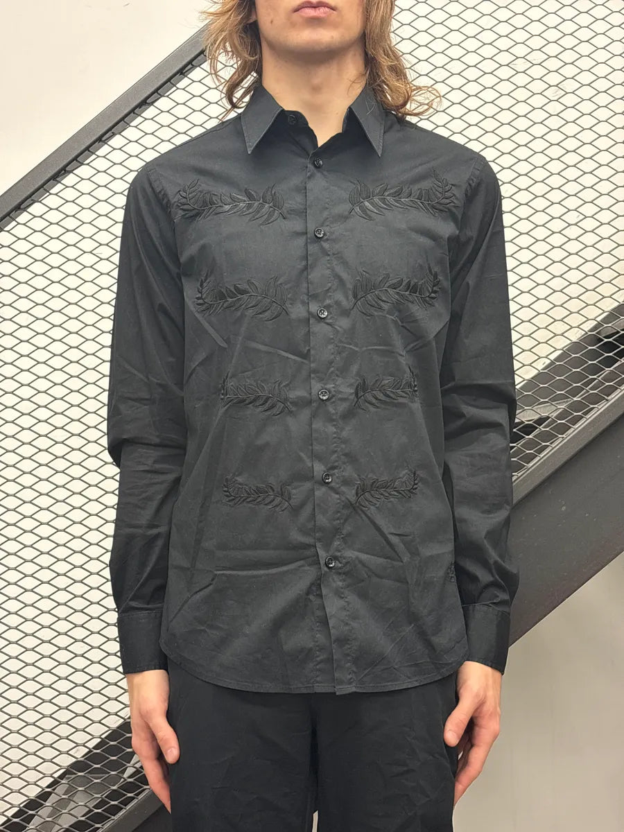Roberto Cavalli Black Leaf Embroidered Slim Fit Shirt BFGHhBWE 1