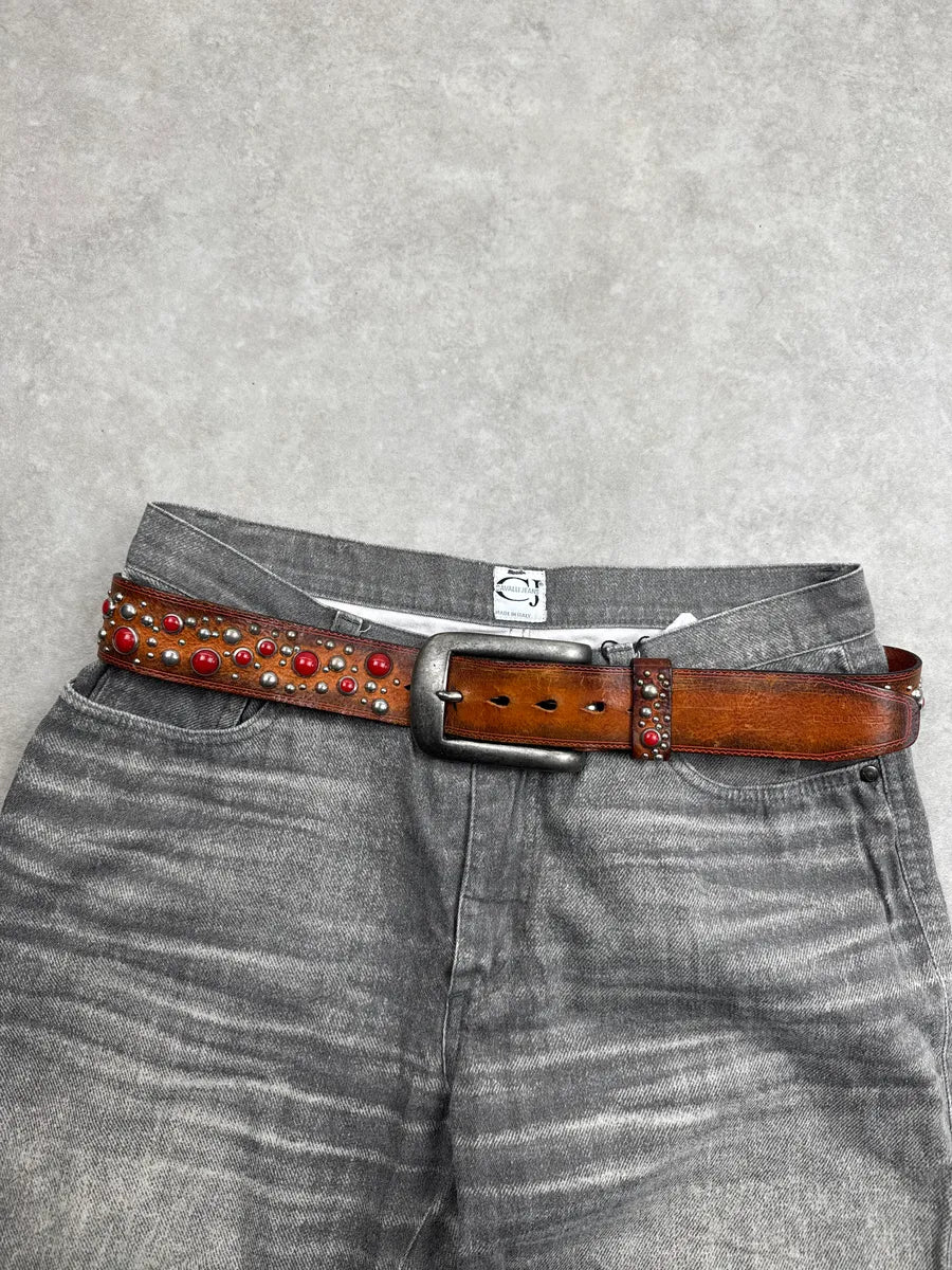 2000s Dsquared2 Brown Leather Red Studded Belt BGtXlVUO 1