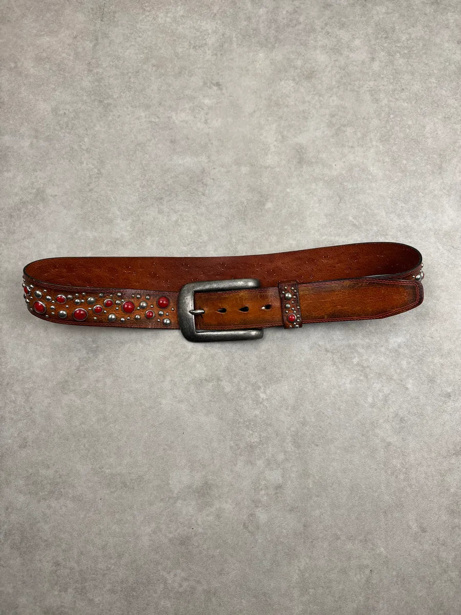 2000s Dsquared2 Brown Leather Red Studded Belt BGtXlVUO 3