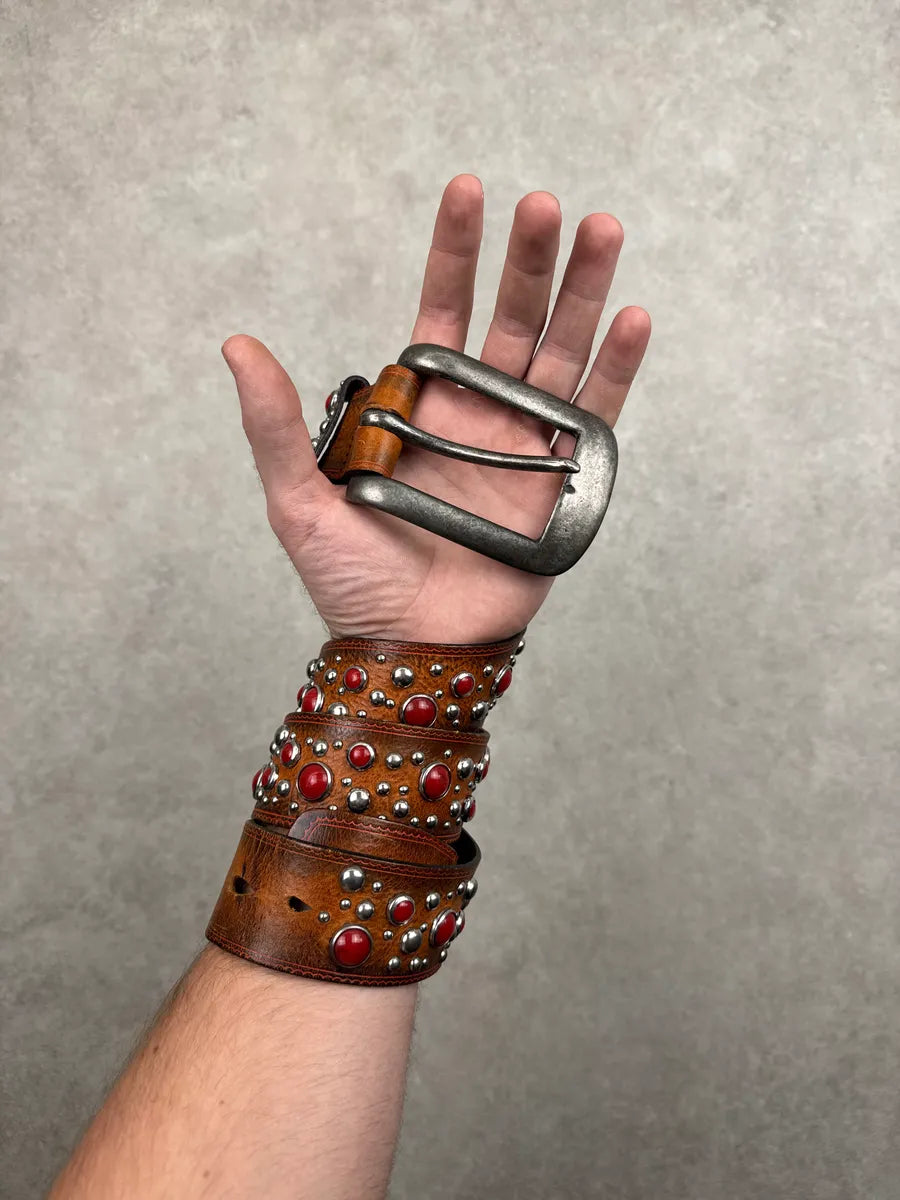 2000s Dsquared2 Brown Leather Red Studded Belt BGtXlVUO 2