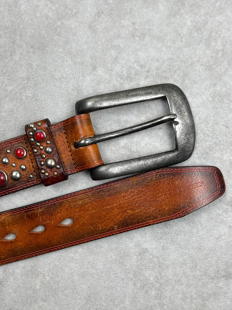 2000s Dsquared2 Brown Leather Red Studded Belt BGtXlVUO 5