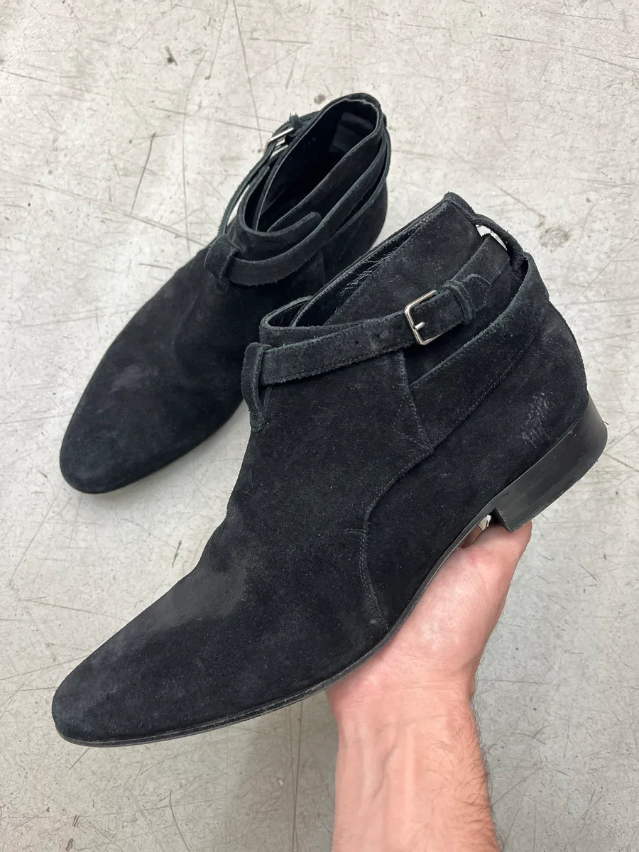 2010s Saint Laurent Buckle Strap Black Suede Leather Boots BHhUCuAS 0